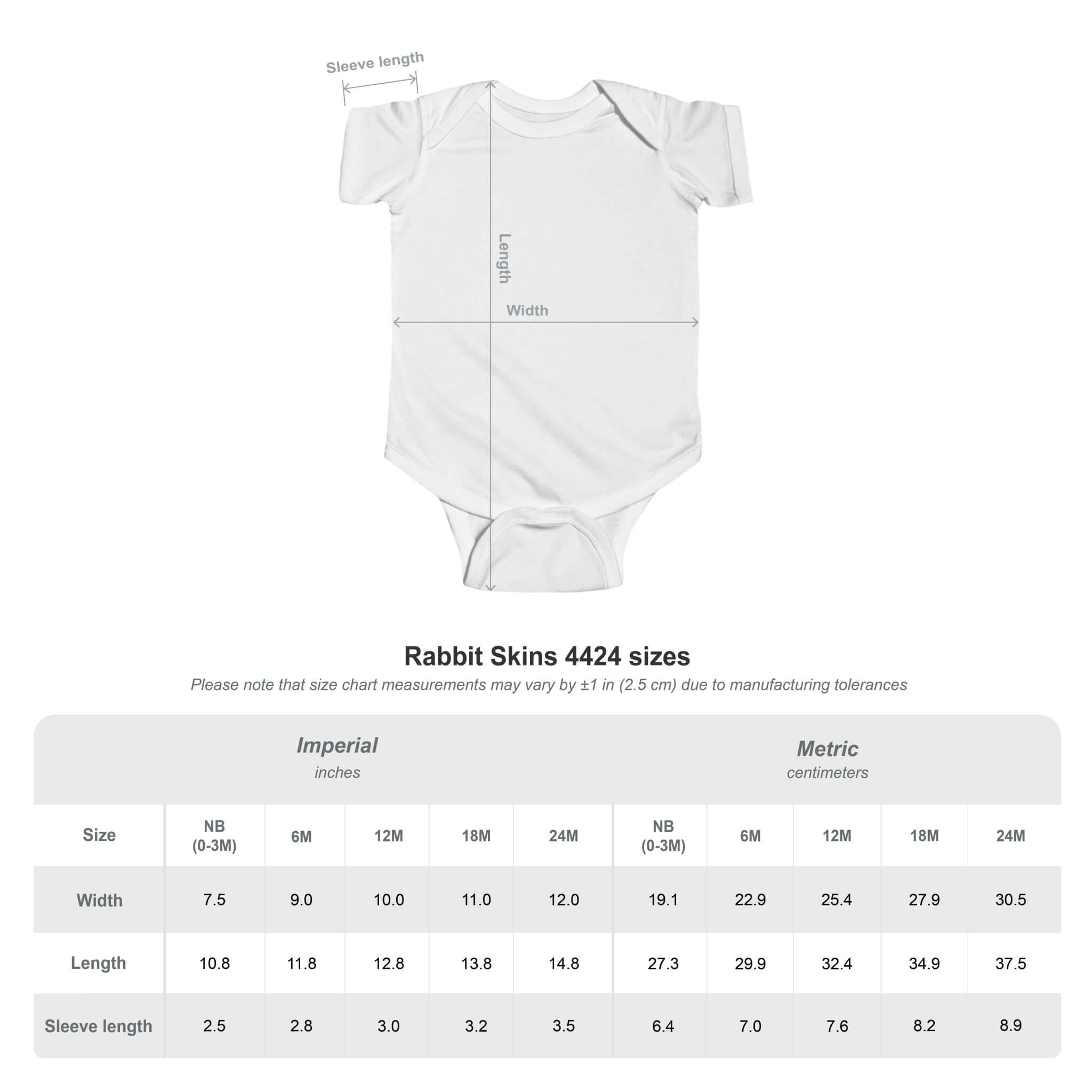Size chart for Rabbit Skins 4424 infant bodysuit showing dimensions in inches and centimeters.