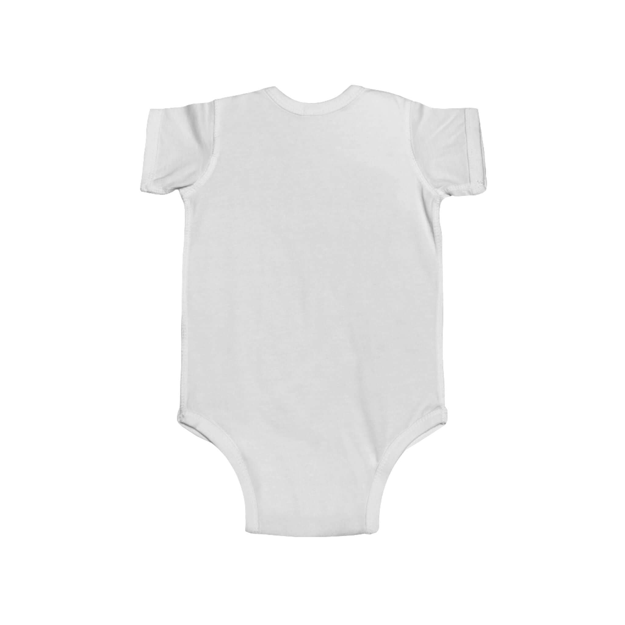 Back view of a plain white infant bodysuit, ideal for baby gifts or summer wear.
