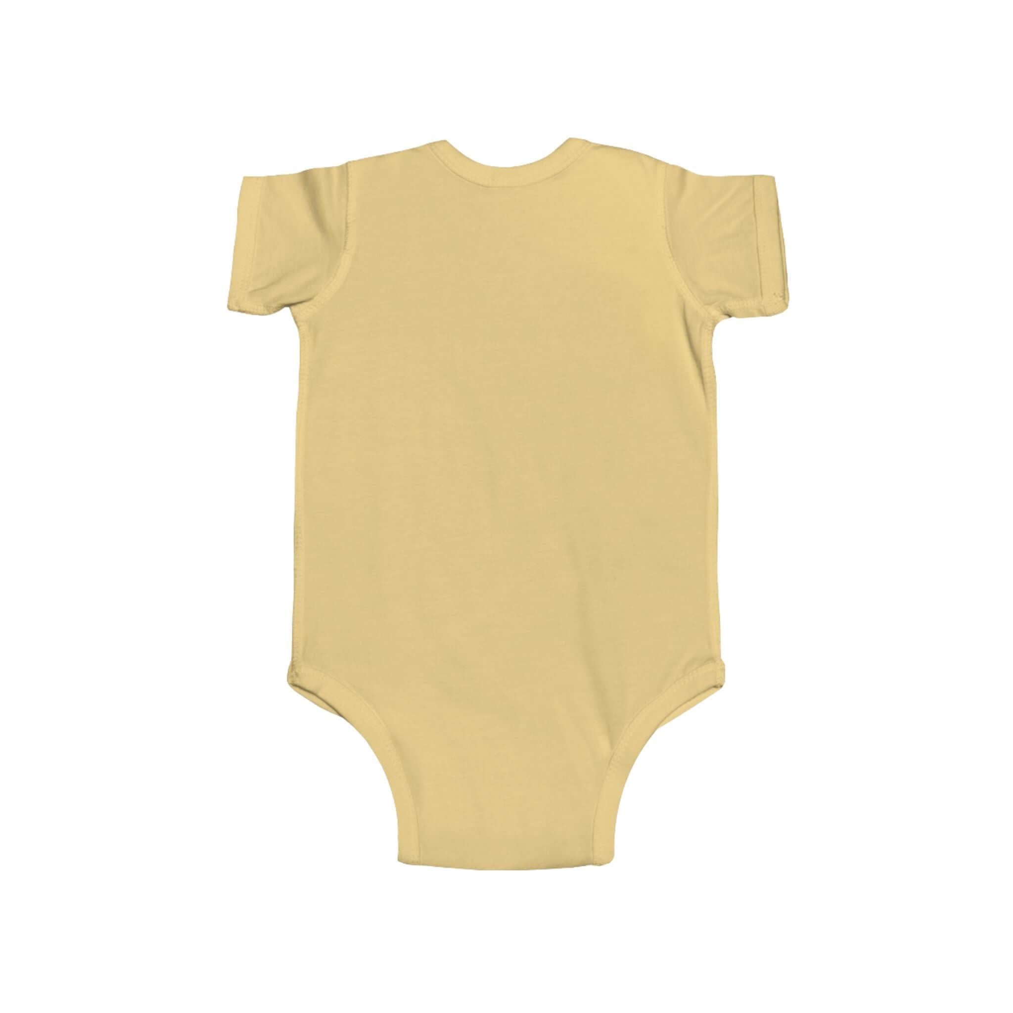Back view of a cute pastel yellow infant bodysuit, perfect for summer wear and baby shower gifts.