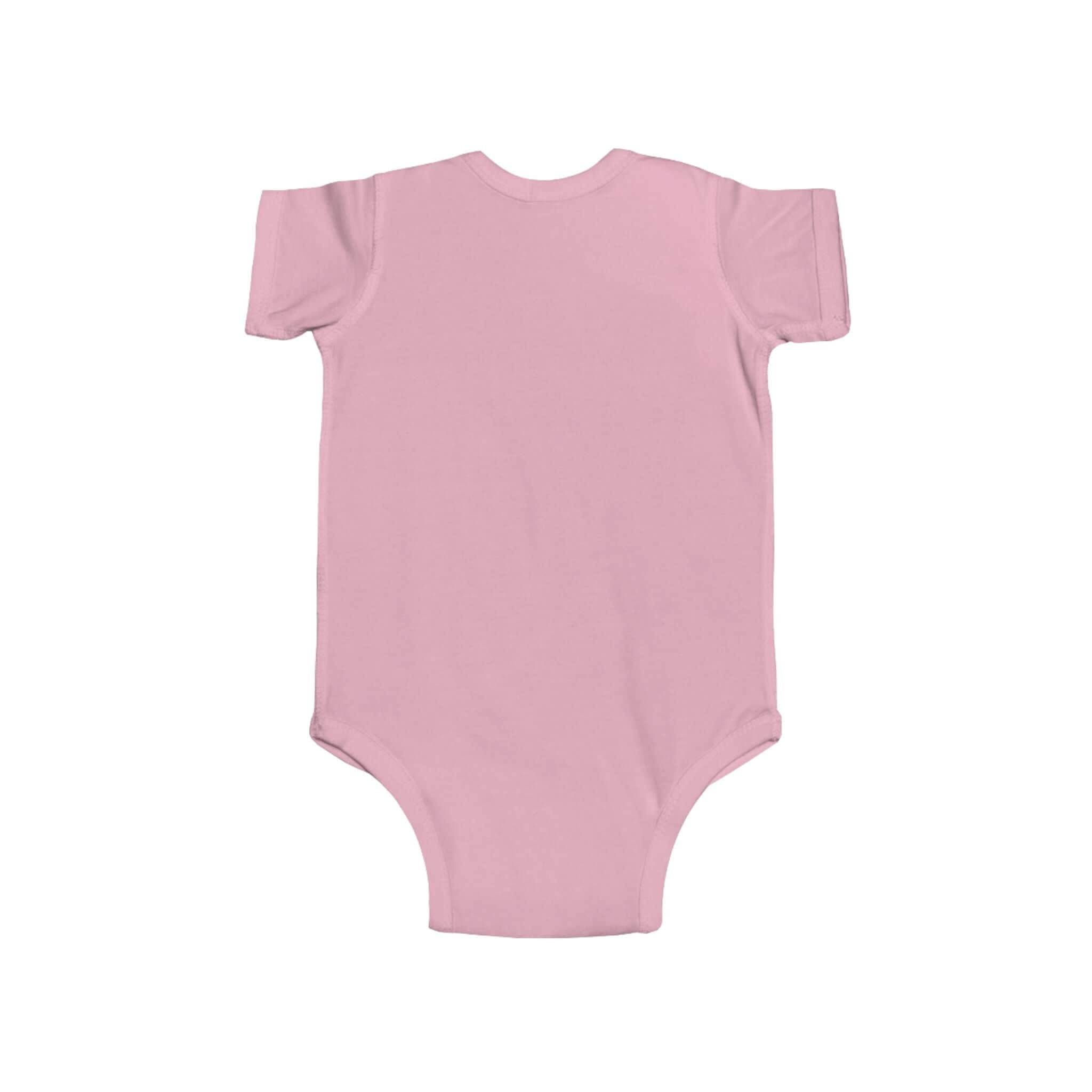 Back view of cute pastel pink turtle infant bodysuit, perfect for summer wear and baby gifts.