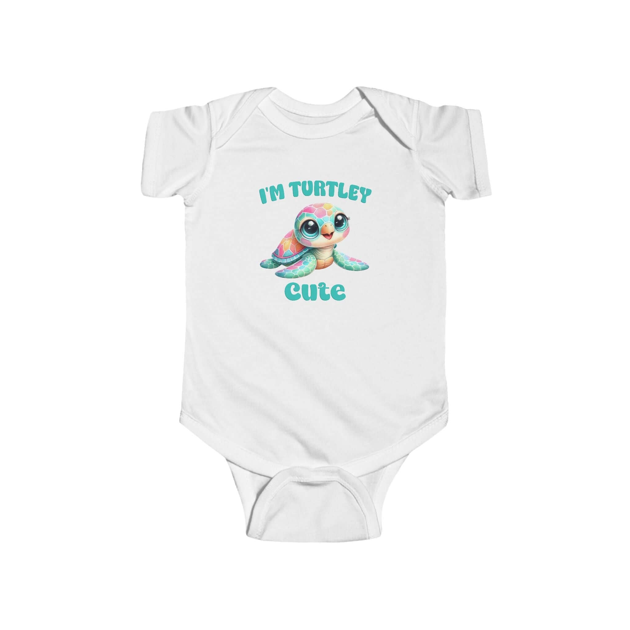 Cute turtle infant bodysuit with 'I'm Turtley Cute' design, perfect for baby showers and playful summer outfits.