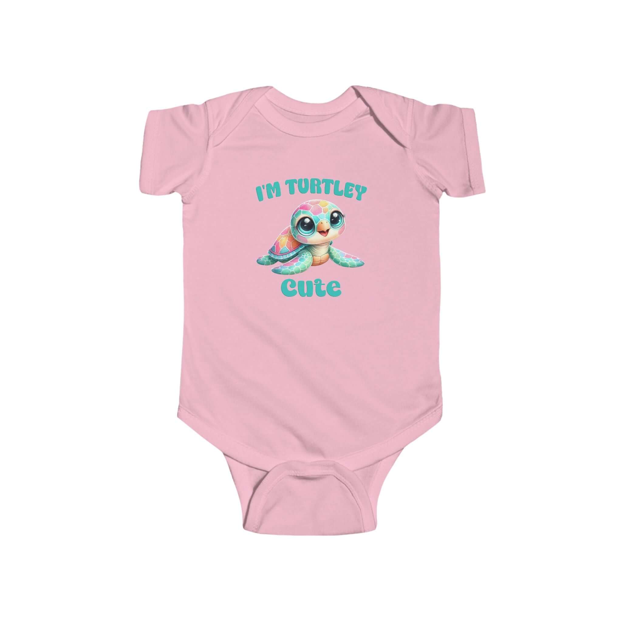 Cute turtle infant bodysuit in pastel pink with 'I'm Turtley Cute' design, perfect for summer baby outfits.