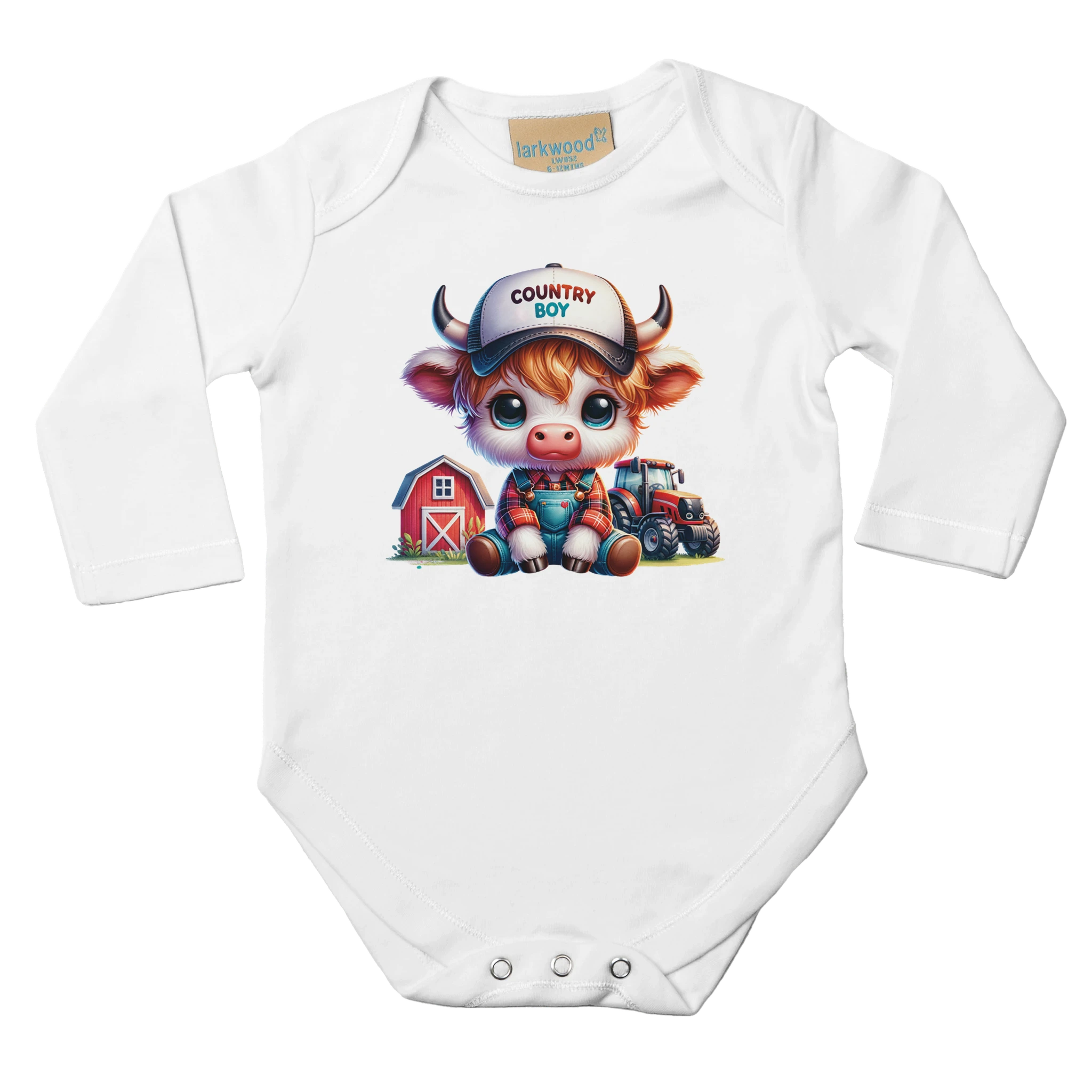 Vaca Bebe En Una Granja – Onesie de Manga Larga para Bebés by Larkwood with a cute farm cow character.