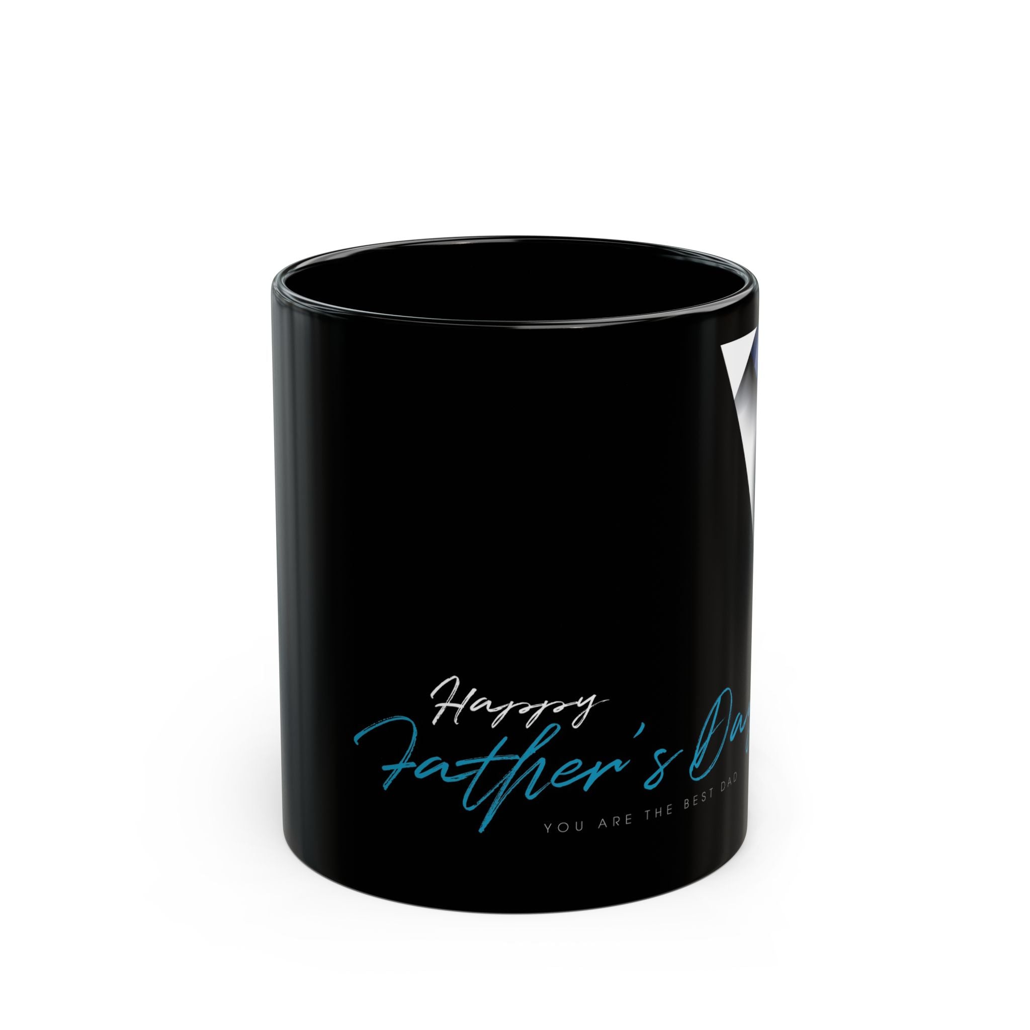 Front view of black magic mug with white shirt and blue tie design, perfect for Father’s Day.