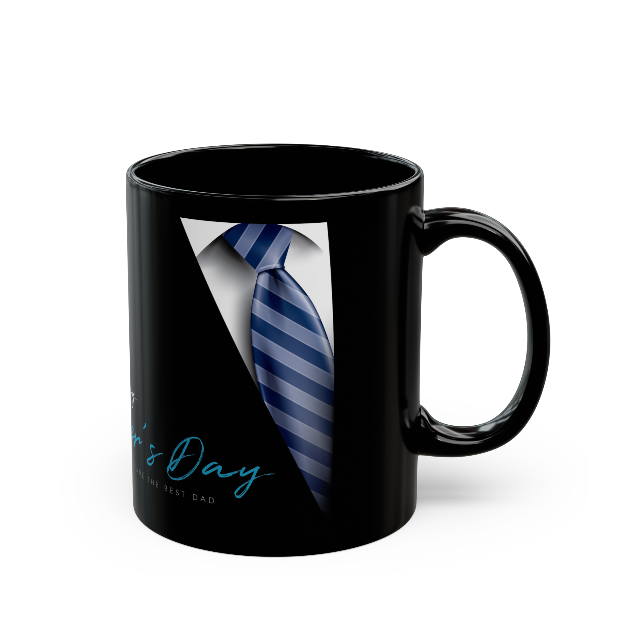 Black magic sublimation mug featuring a white shirt and blue striped tie design, perfect as a personalized Father’s Day gift.
