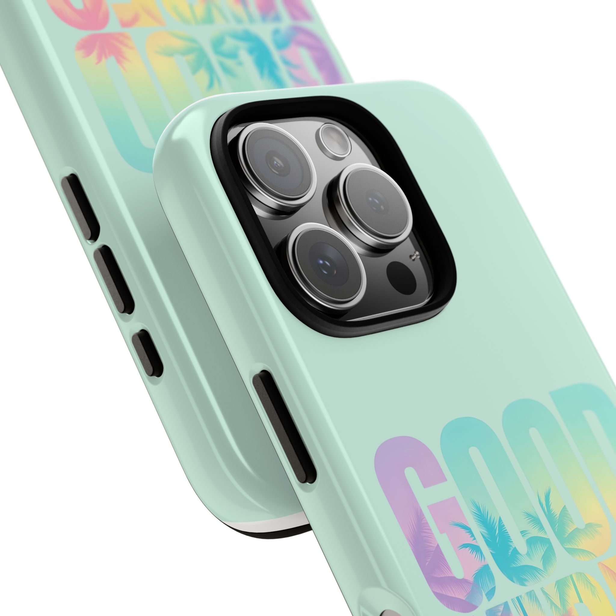 Trendy palm tree case with “Good Vibes” lettering and soft pastel gradient