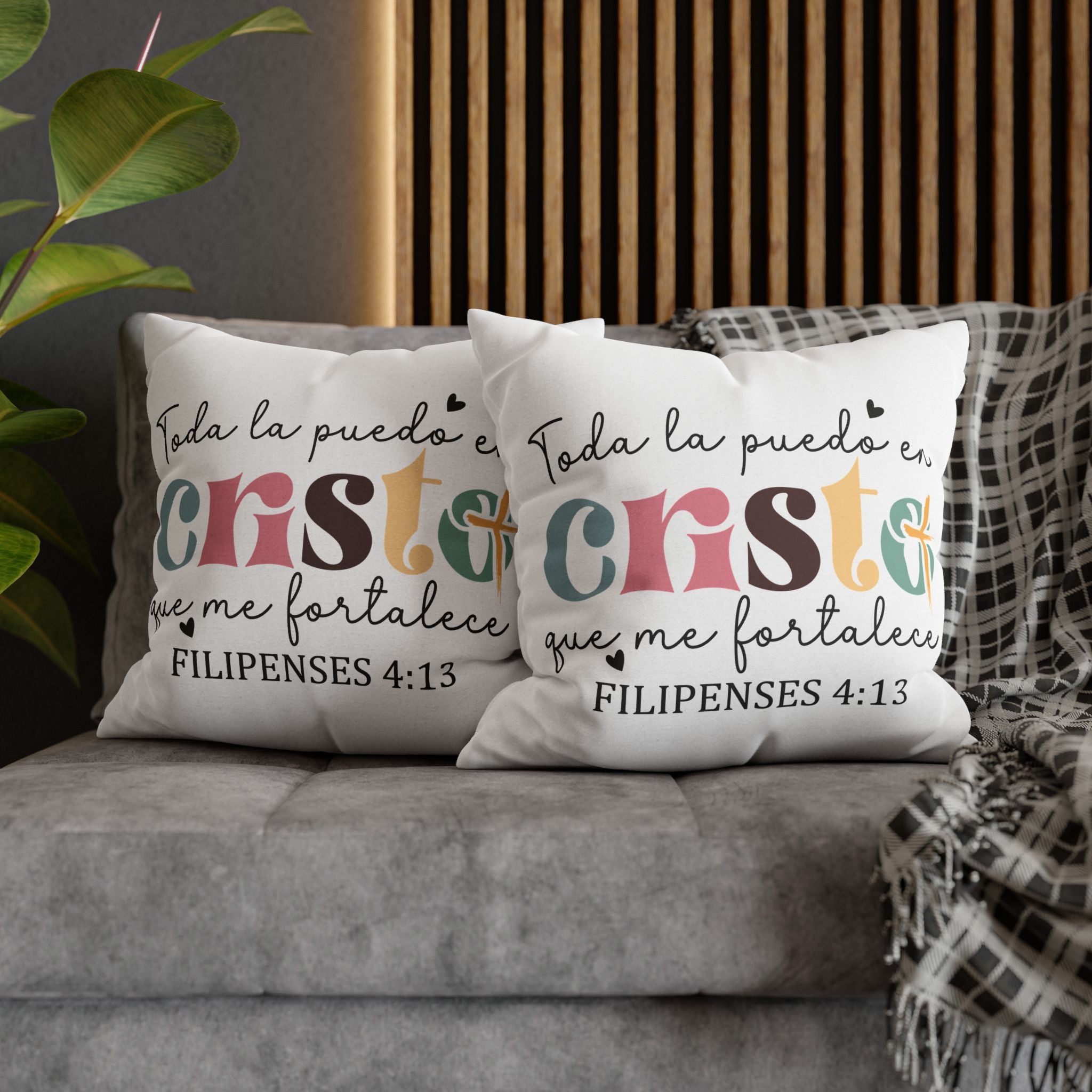 Christian throw pillows with Philippians 4:13 quote in Spanish, perfect for home decor.