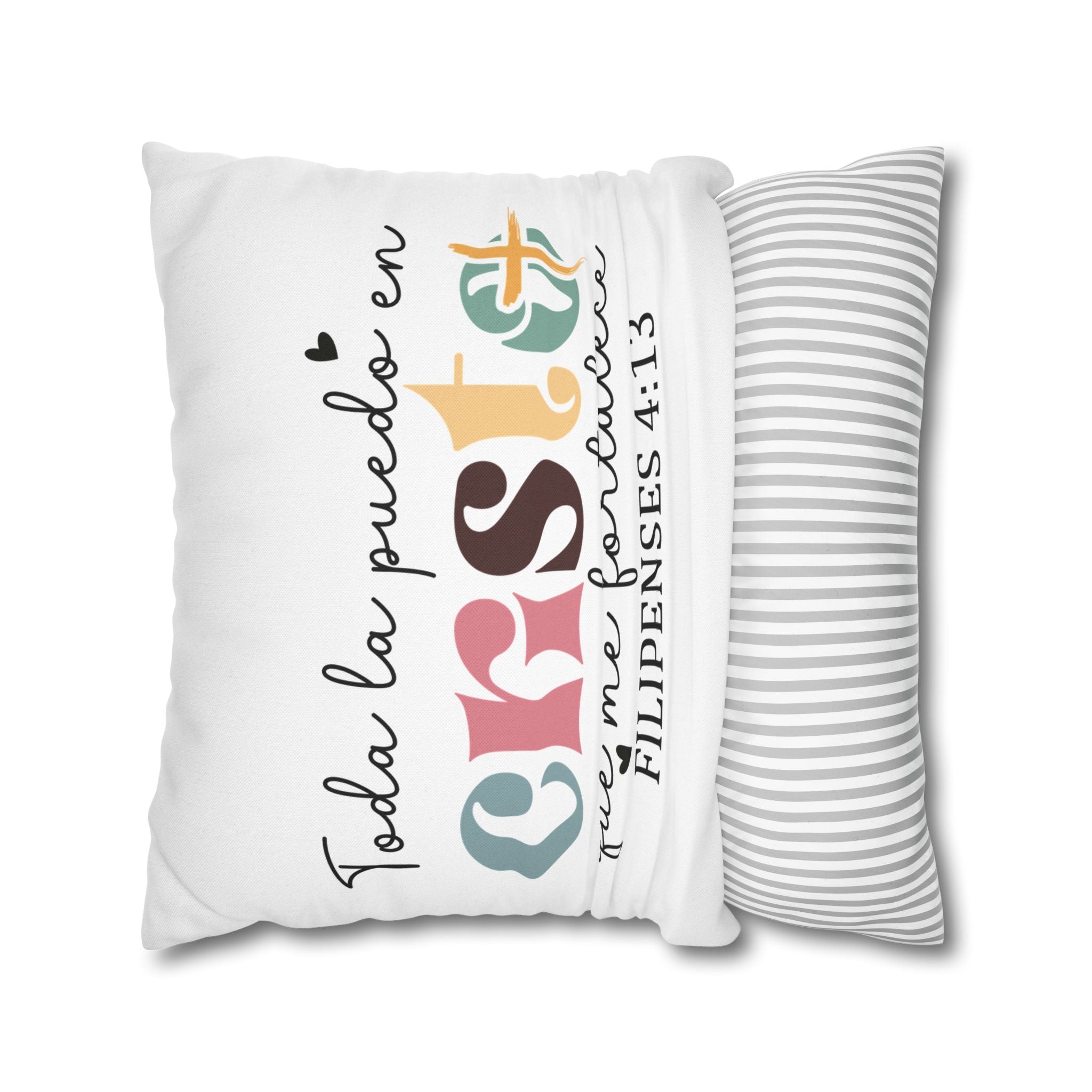 Christian throw pillow cover with Philippians 4:13 quote in colorful text, inspirational home decor.