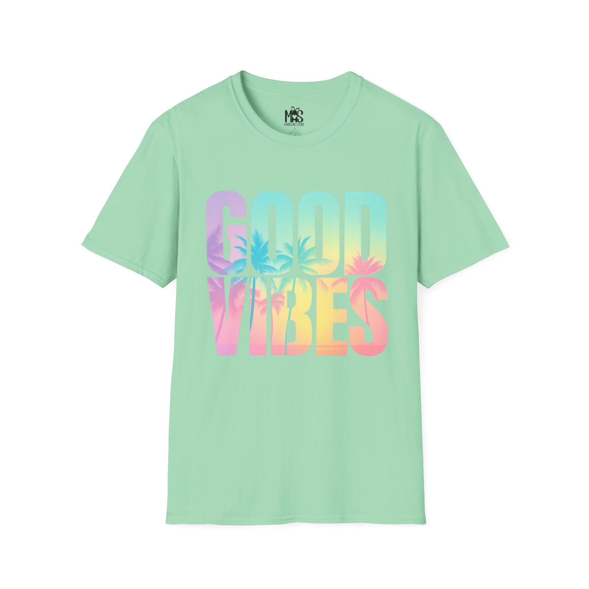 Mint green shirt with vibrant pastel print