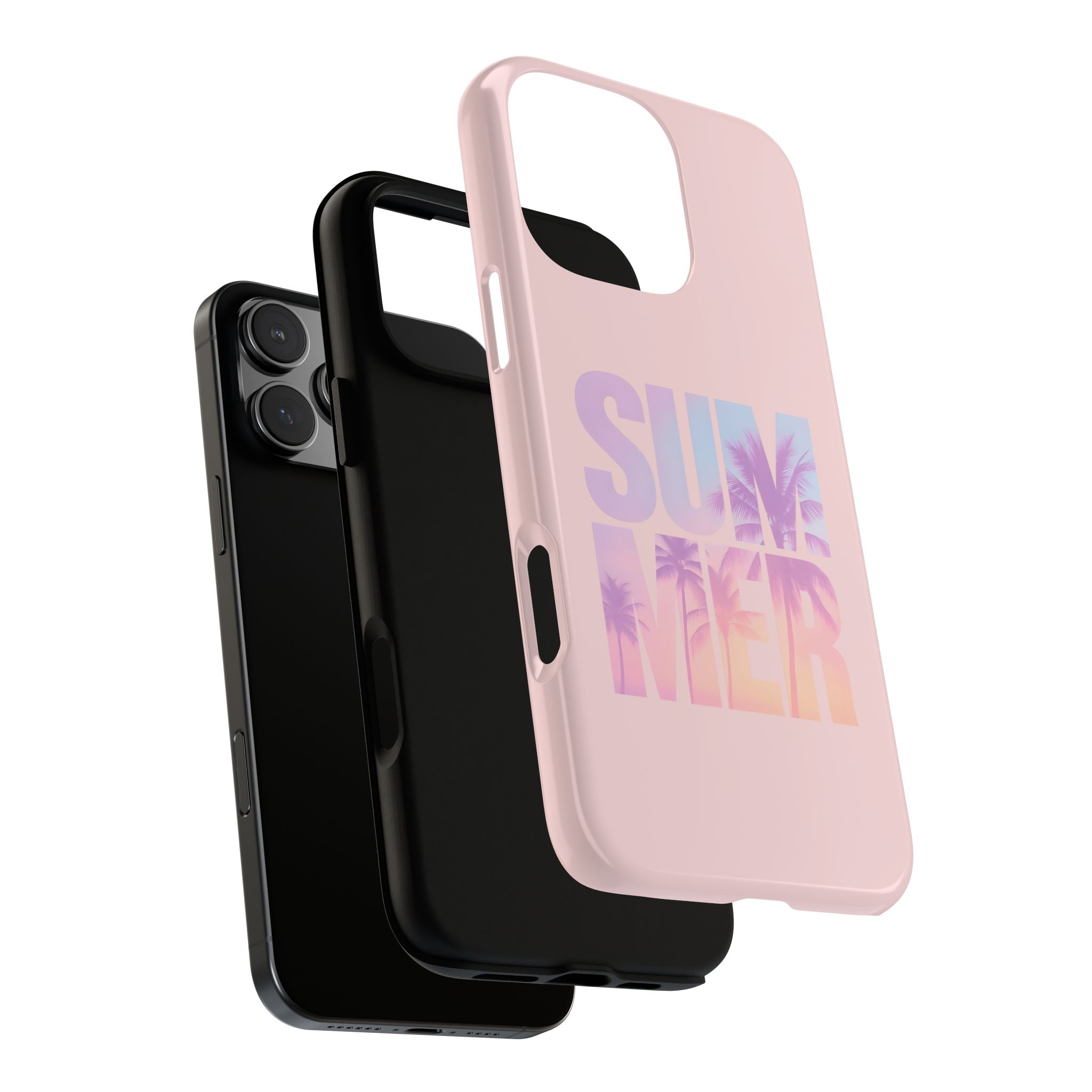 Glossy pastel pink case featuring palm trees inside bold “SUMMER” letters
