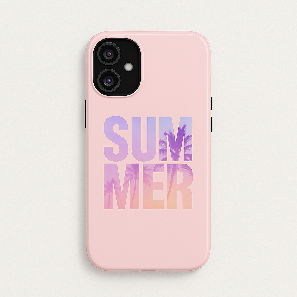 Glossy pink phone case with “SUMMER” typography and palm tree silhouette