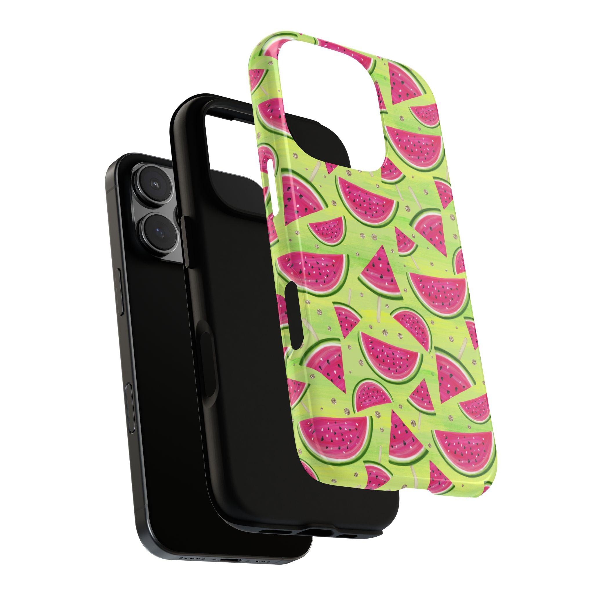 Neon watermelon phone case displayed on a colorful summer-inspired background