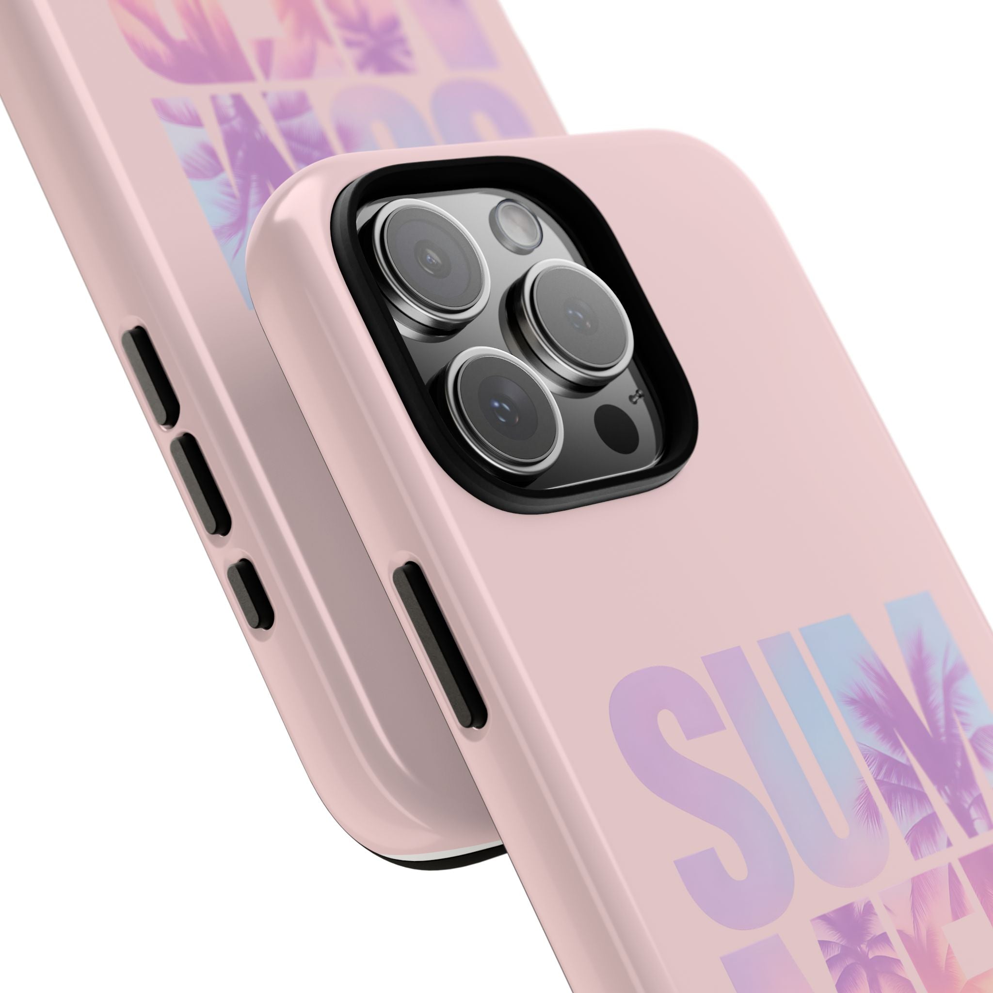 Pink iPhone case with summer-themed pastel text and sunset palm trees