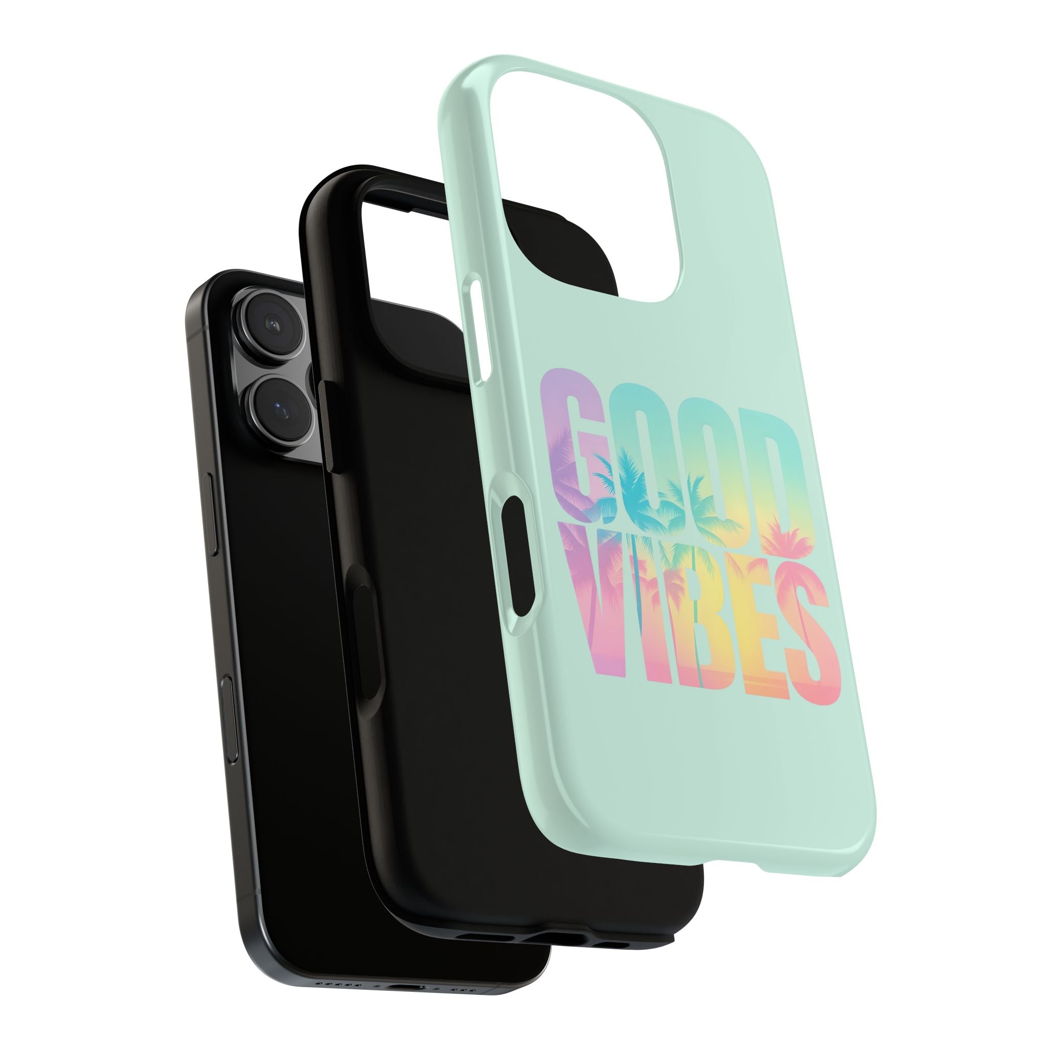 Summer edition iPhone case with pastel “Good Vibes” text and tropical details