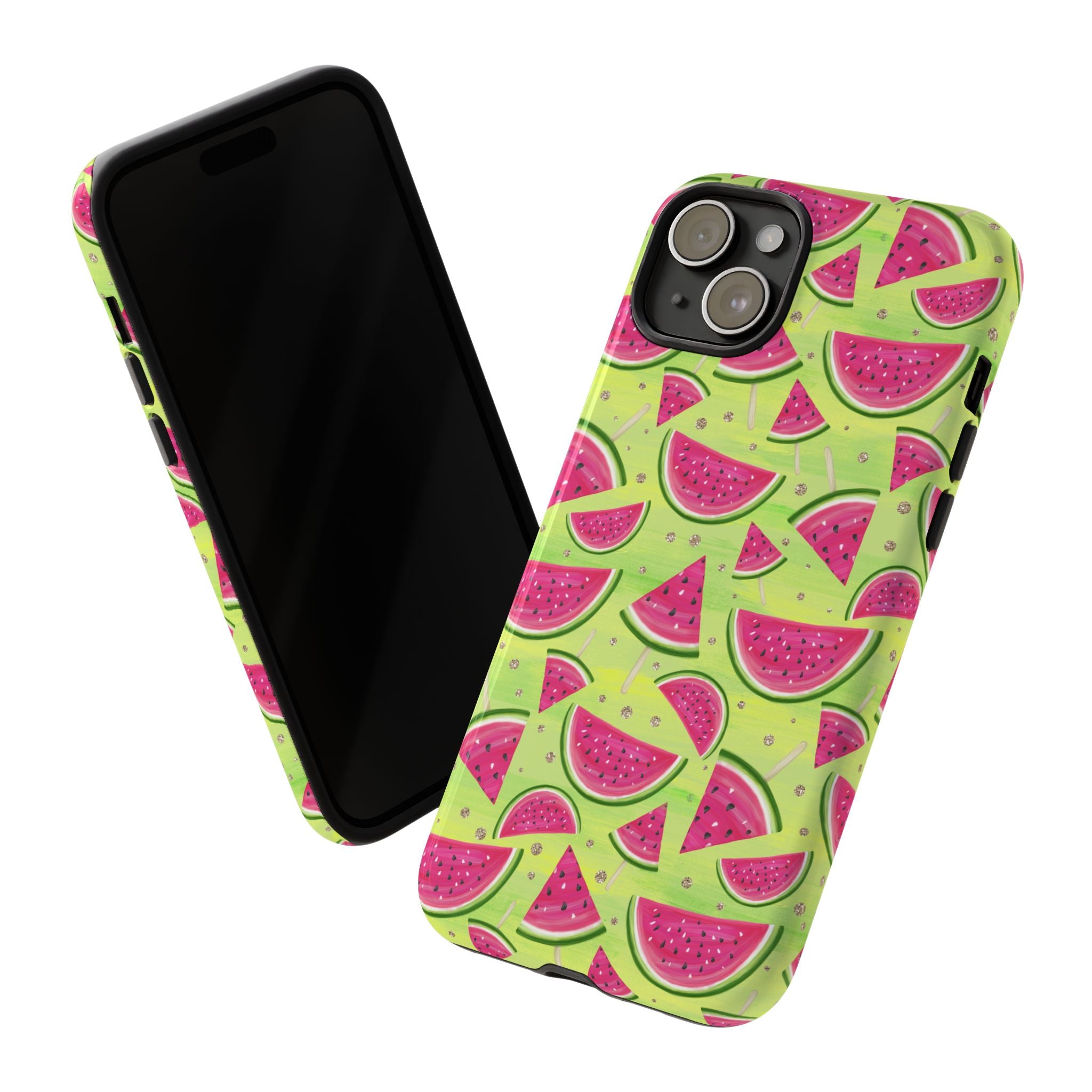 iPhone watermelon case with camera lens cutout, vibrant design surrounding the module.
