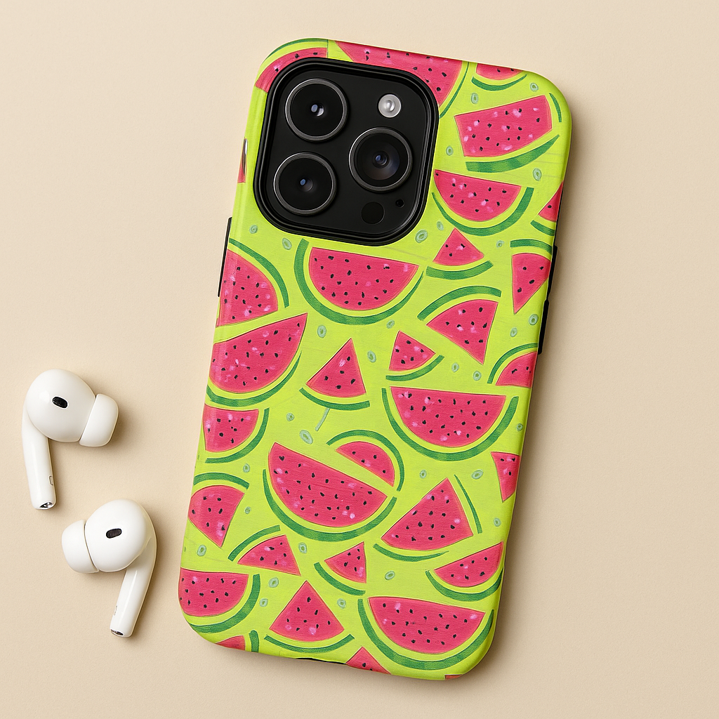 Vibrant watermelon pattern phone case for iPhone, shown from the front on a white background.