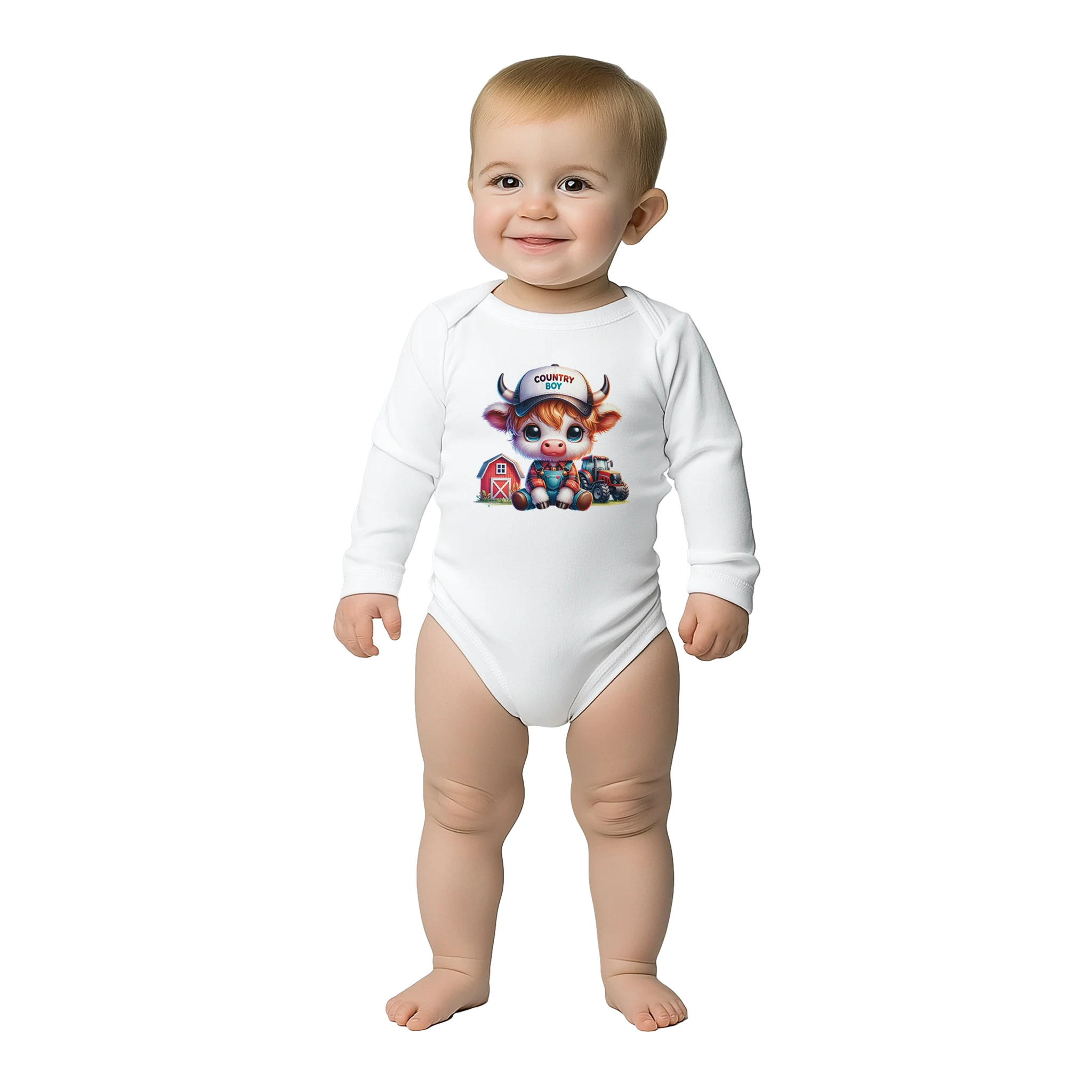 Vaca Bebe En Una Granja – Onesie de Manga Larga para Bebés worn by a smiling baby in white with farm cow print.