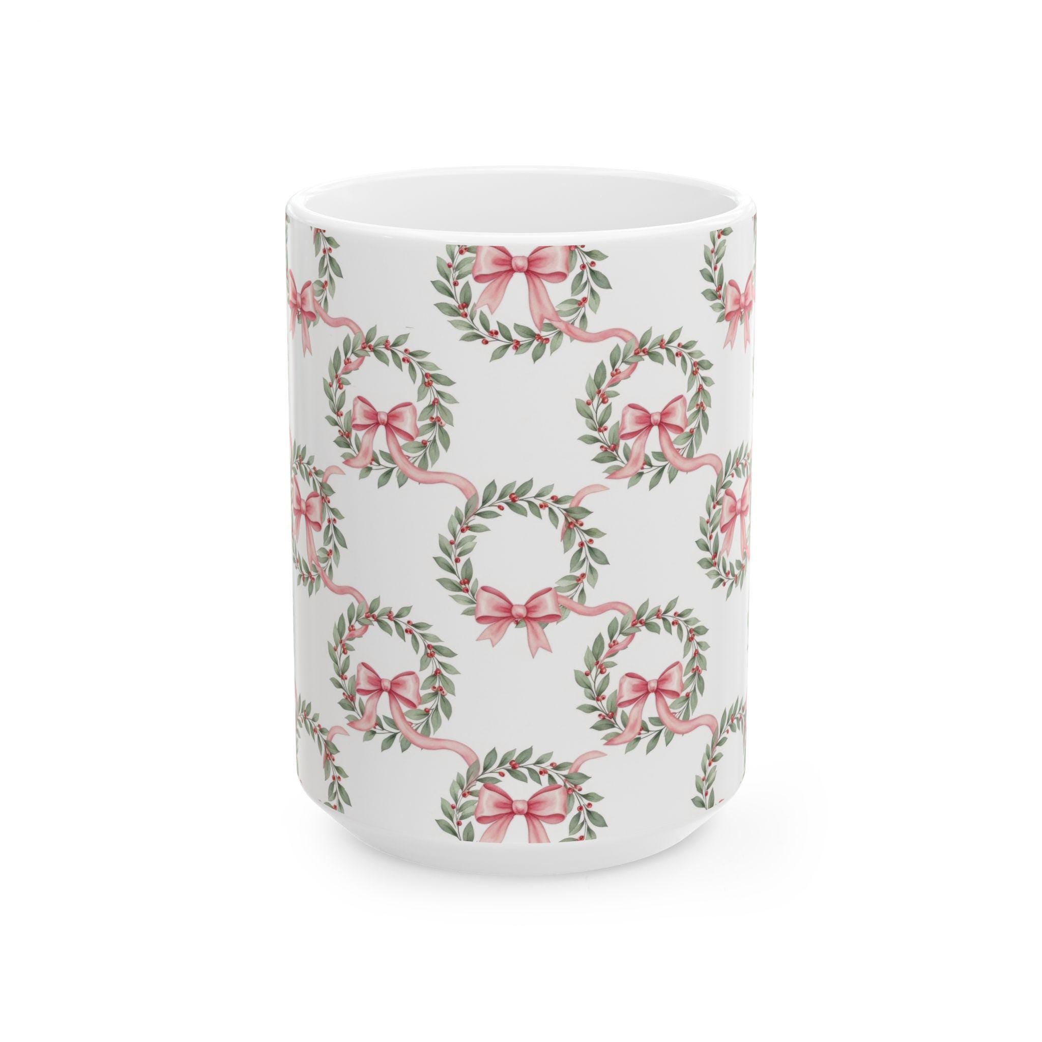Pink Ribbon Laurel Wreath Mug | Floral Holiday Ceramic Mug