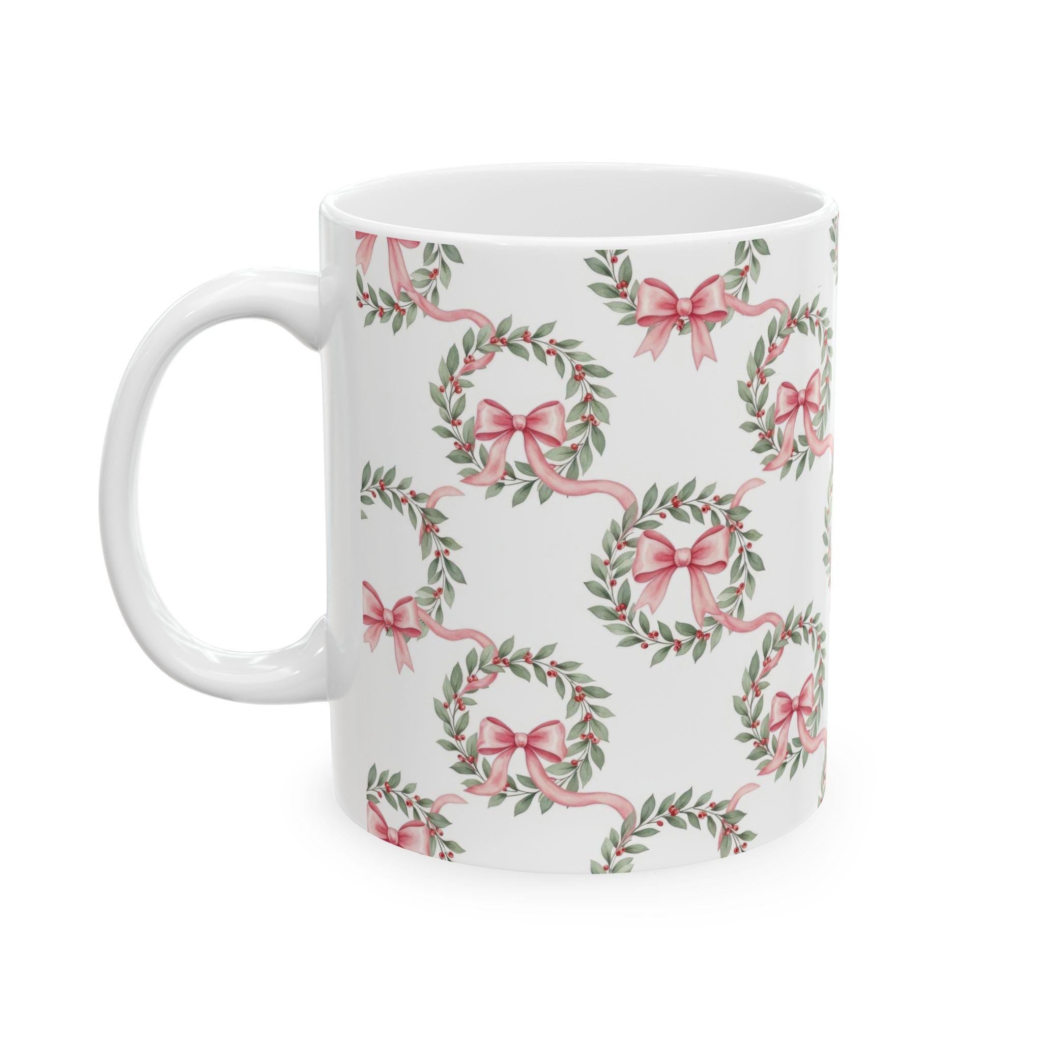 Pink Ribbon Laurel Wreath Mug | Floral Holiday Ceramic Mug