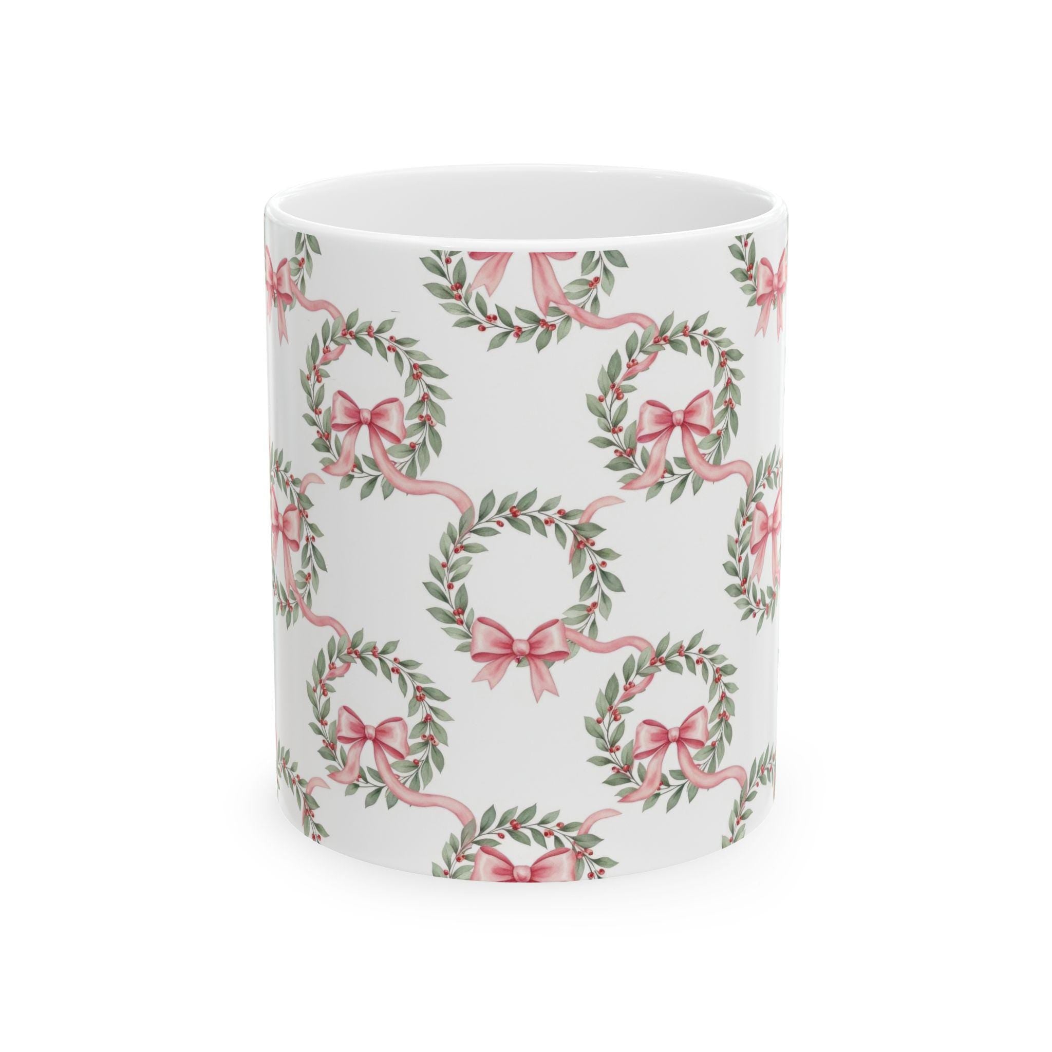 Pink Ribbon Laurel Wreath Mug | Floral Holiday Ceramic Mug