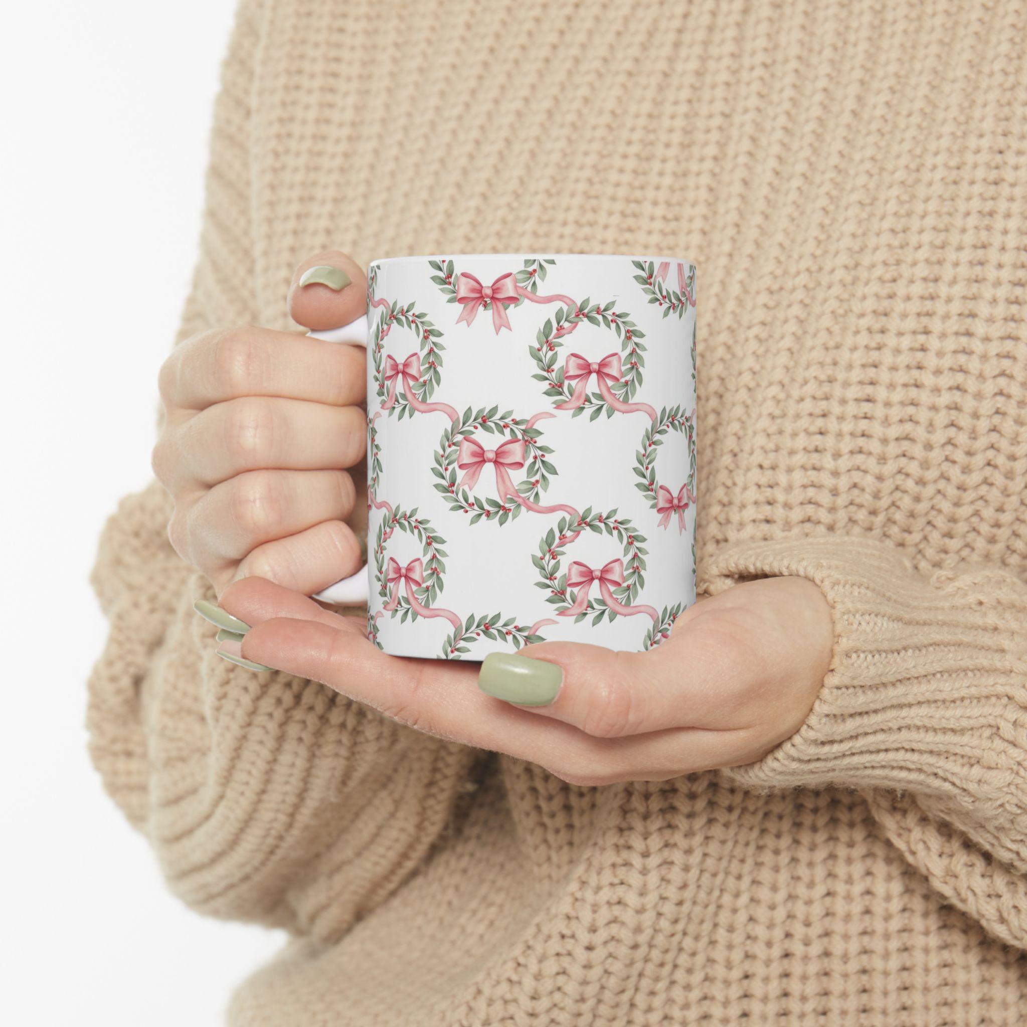 Pink Ribbon Laurel Wreath Mug | Floral Holiday Ceramic Mug