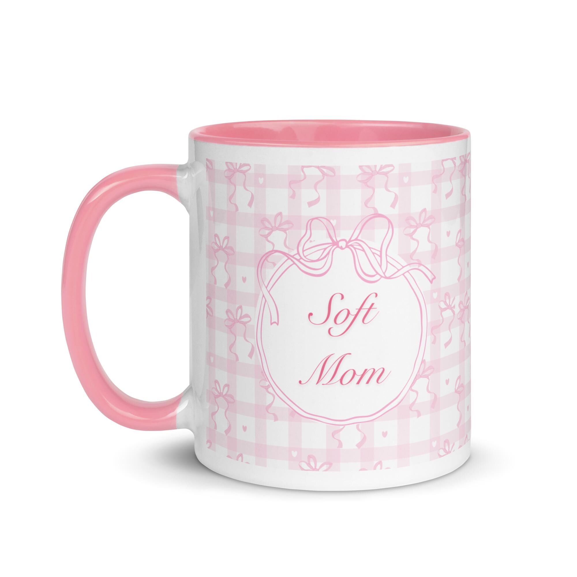 Pink Gingham Bow Mom Mug, Coquette Ceramic Coffee Cup