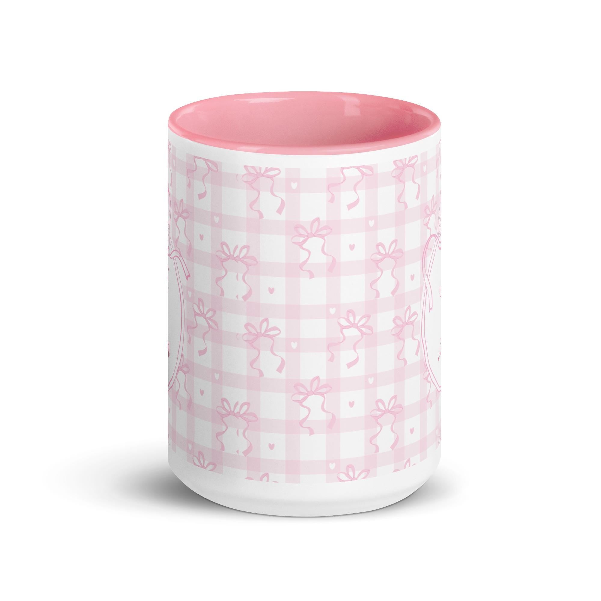 Pink Gingham Bow Mom Mug, Coquette Ceramic Coffee Cup