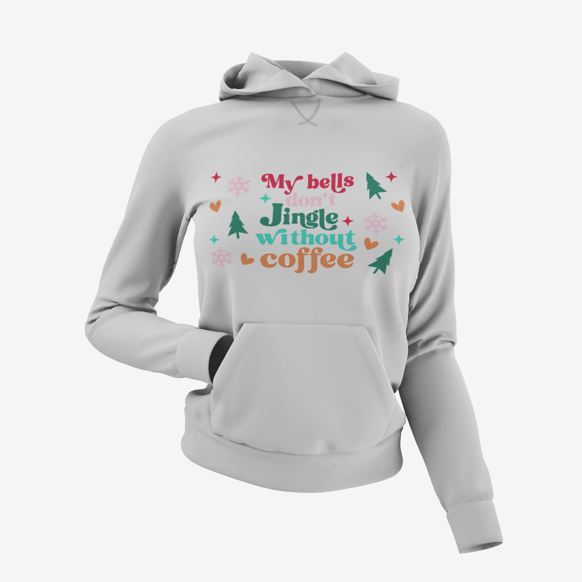 Hoodie color gris con estampado festivo y frase graciosa navideña sobre café