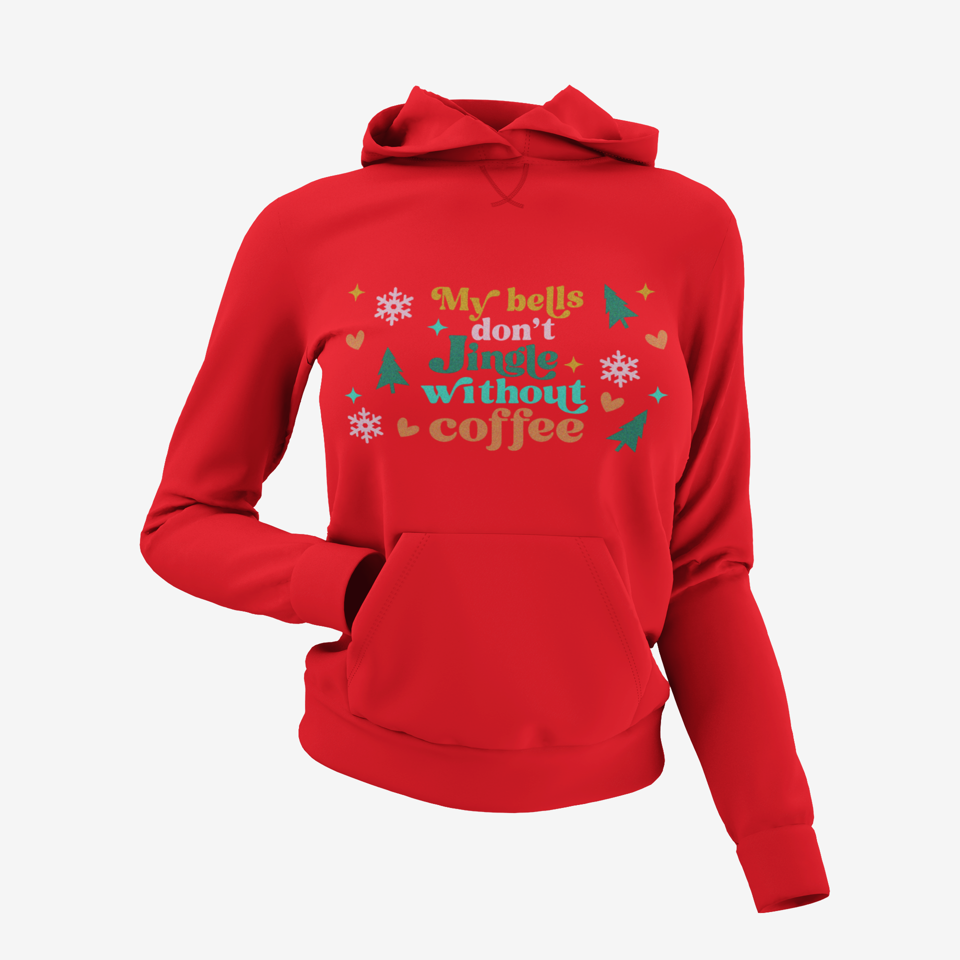 Sudadera roja de mujer con diseño "My bells don’t jingle without coffee" y detalles de árboles, copos y corazones
