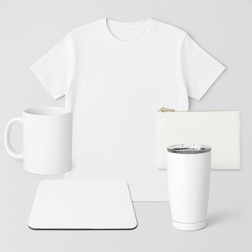 blank customizable mug, blank t-shirt for printing, blank mouse pad, custom blank tumbler, DIY personalized gifts
