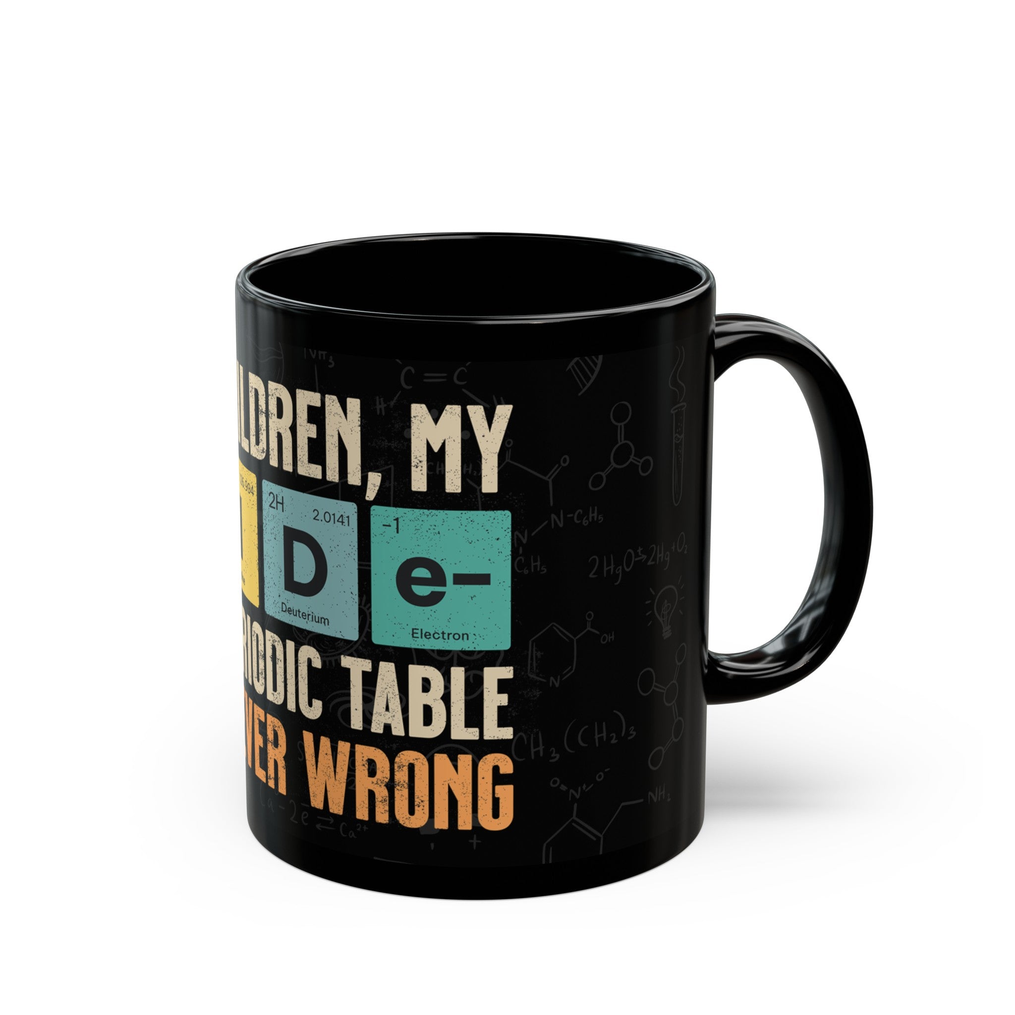 Black ceramic mug 12 and 15oz, periodic table, proud dad