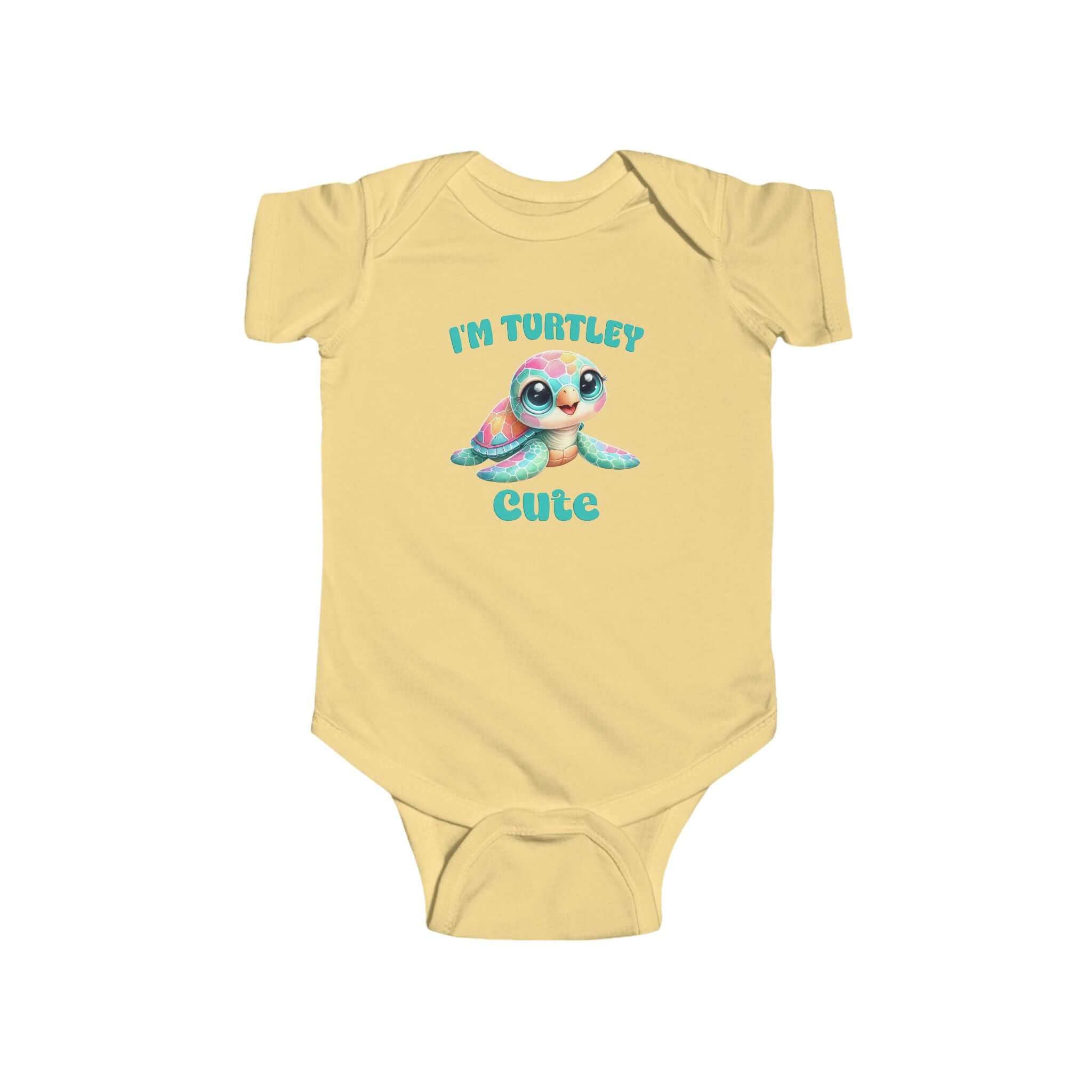 Cute turtle infant bodysuit with 'I'm Turtley Cute' design on yellow fabric, perfect for baby gifts and summer wear.