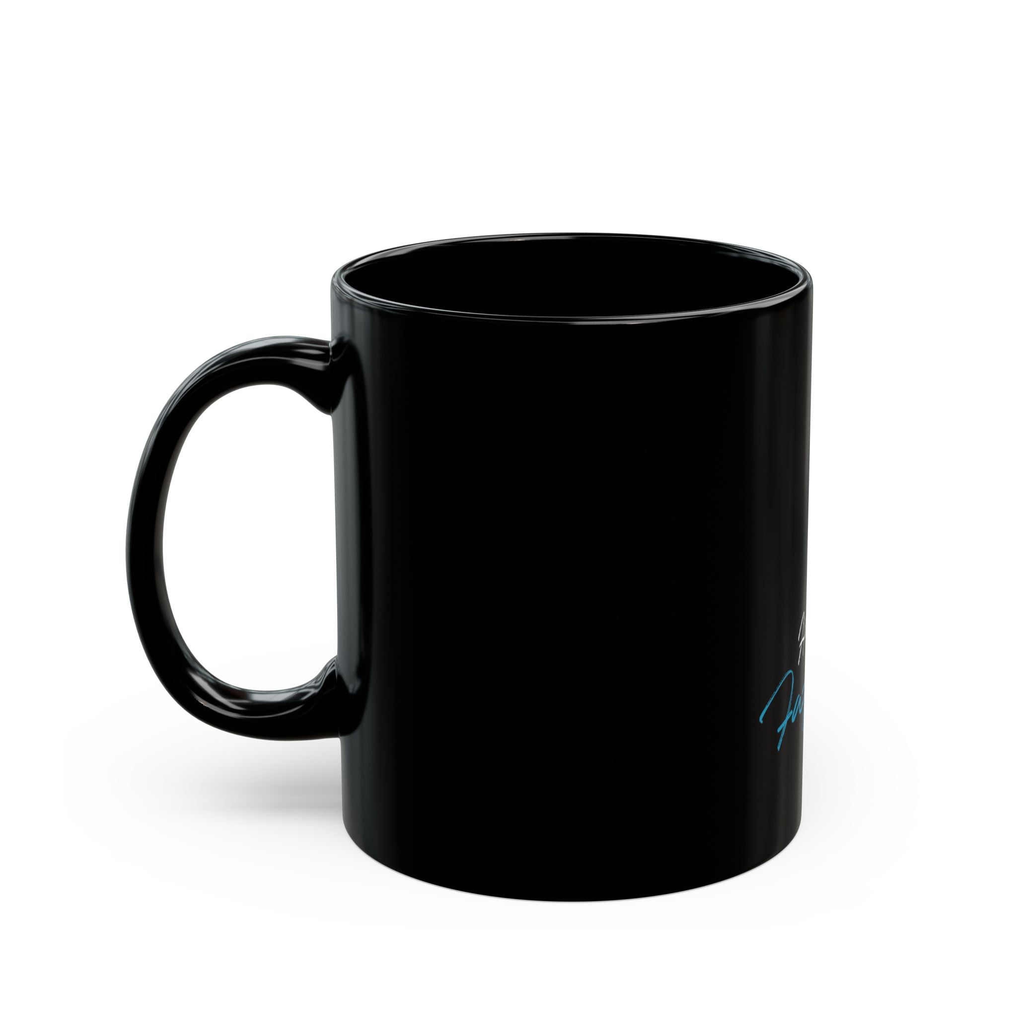 Angled view of black magic mug with elegant shirt and tie design for dad.