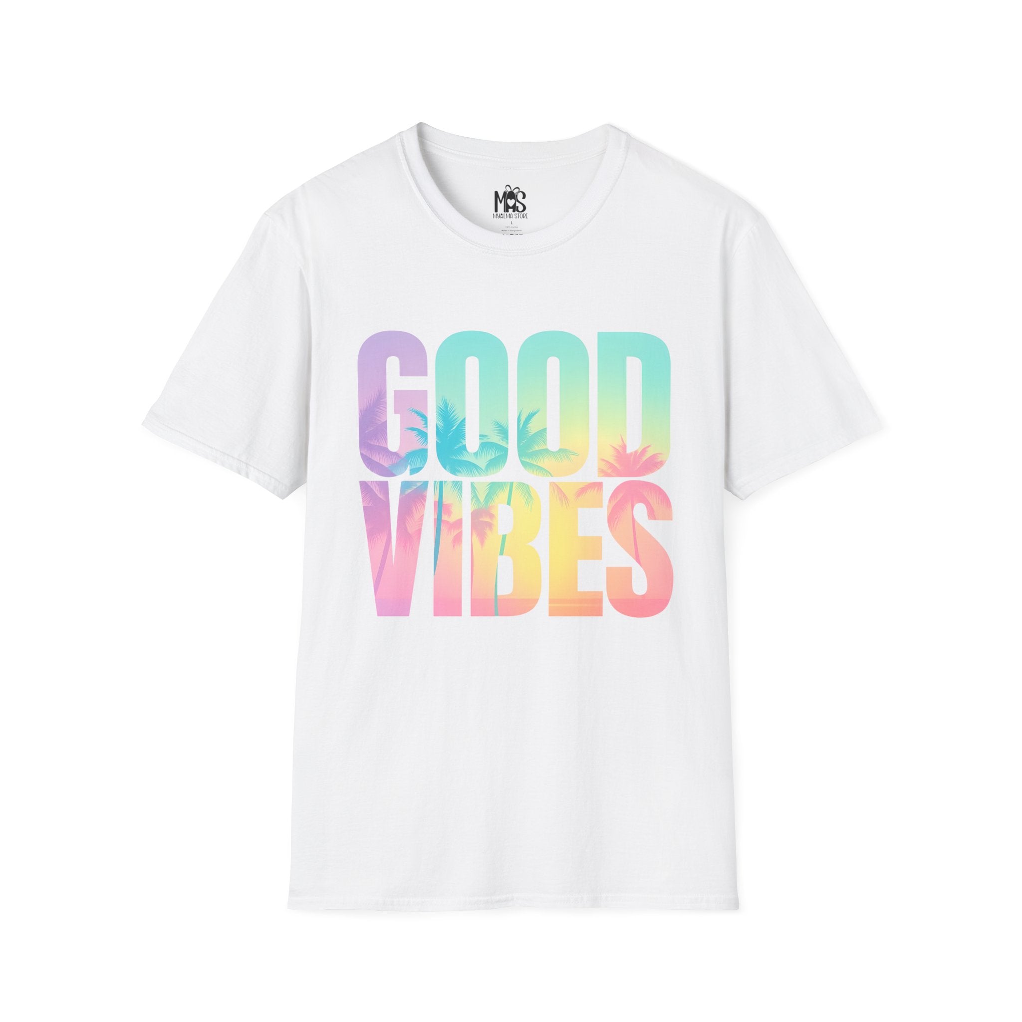 White folded shirt with pastel “Good Vibes” print / Camiseta blanca doblada con diseño pastel “Good Vibes”