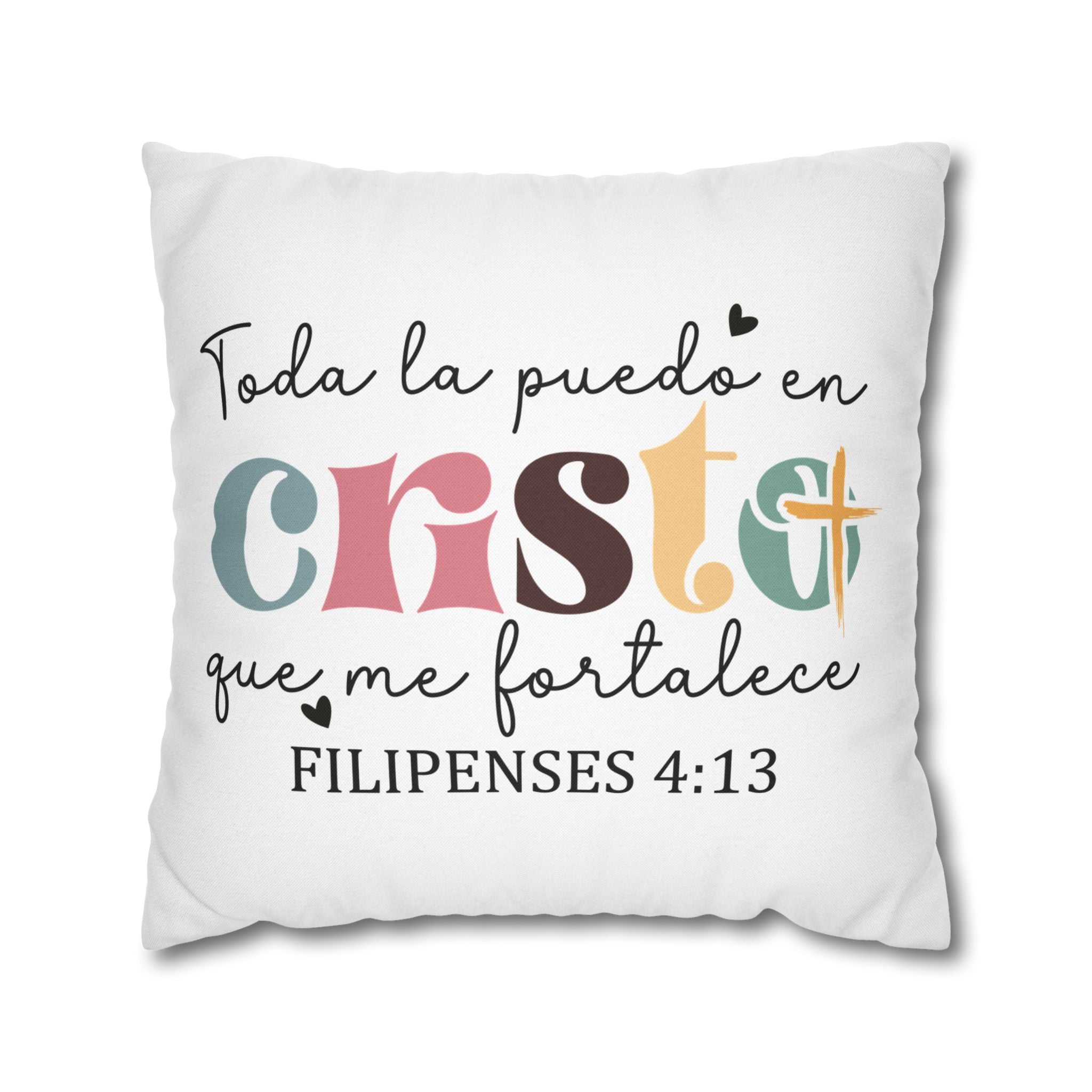 Christian throw pillow cover with Philippians 4:13 in colorful typography design.