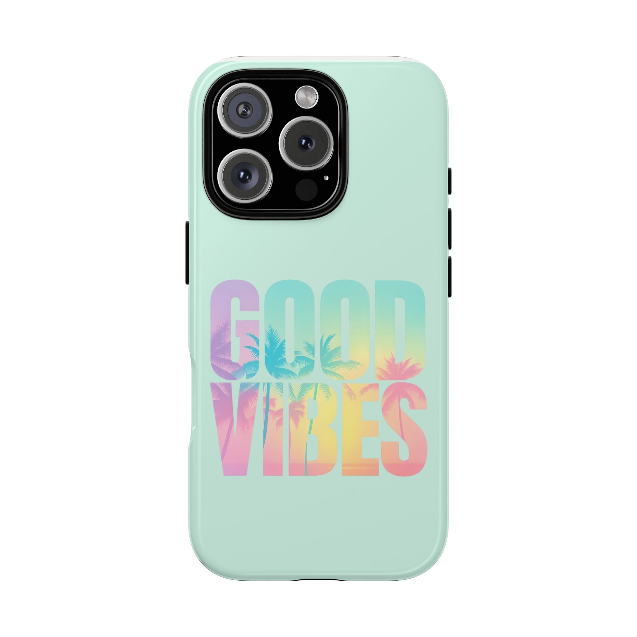  Glossy mint phone case with “Good Vibes” pastel sunset design and palm silhouettes