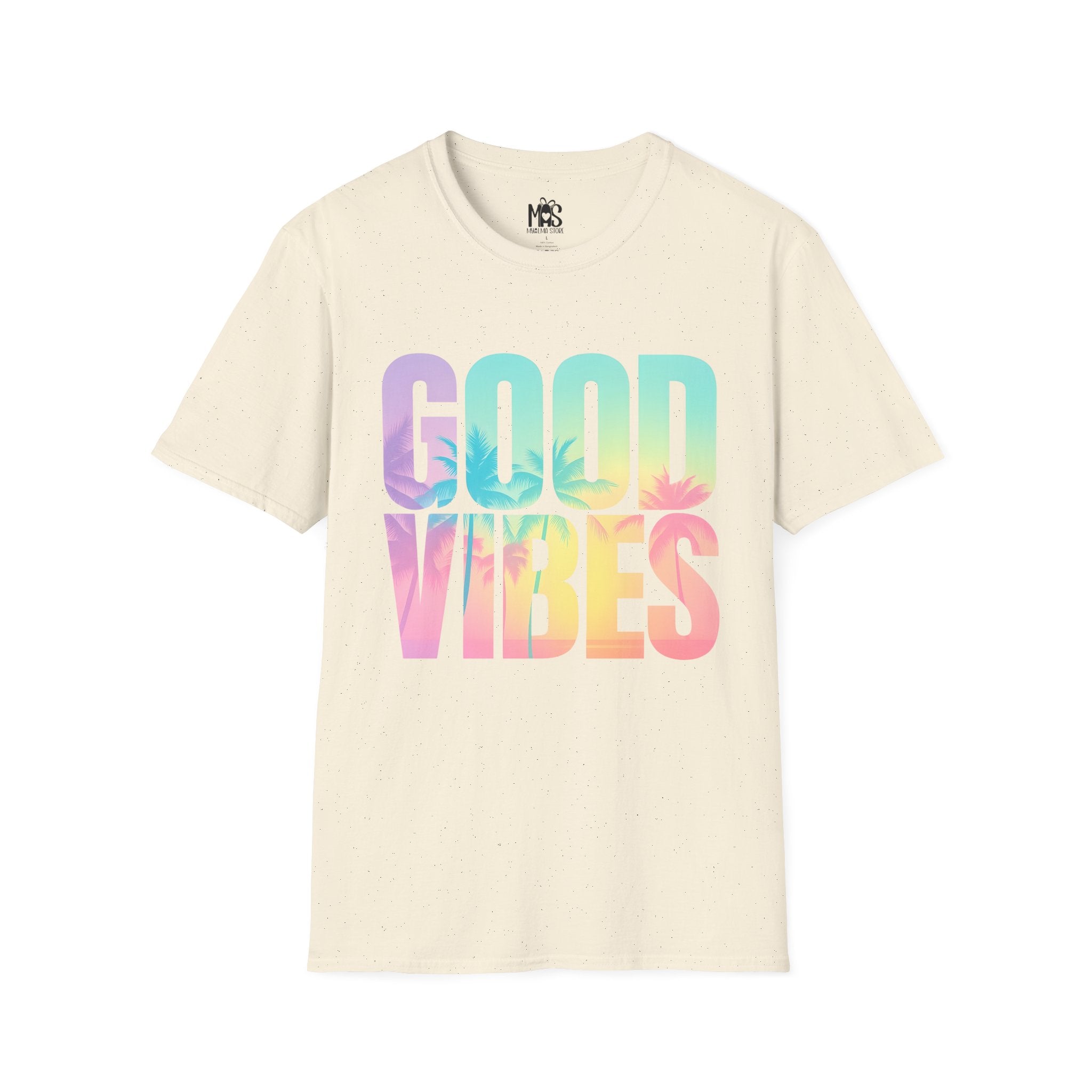 Natural beige t-shirt with colorful text centered / Camiseta beige natural con texto colorido centrado