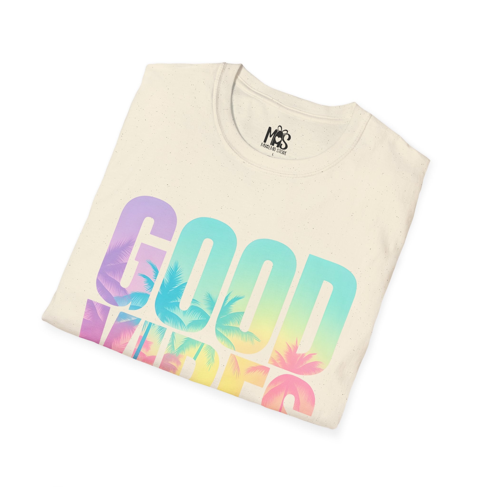 Natural beige t-shirt with colorful text centered / Camiseta beige natural con texto colorido centrado