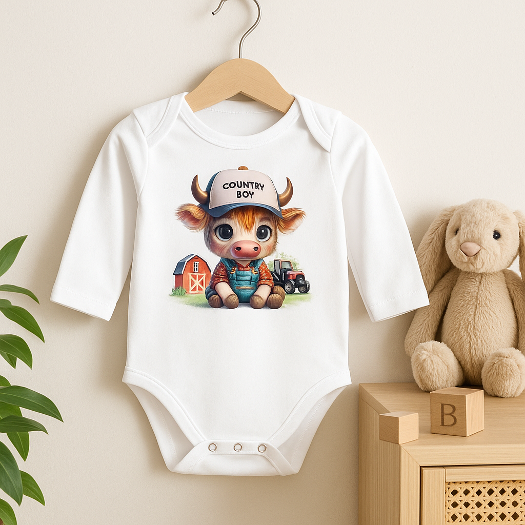 Cozy Cowboy Print Baby Long Sleeve Onesie Farm Theme