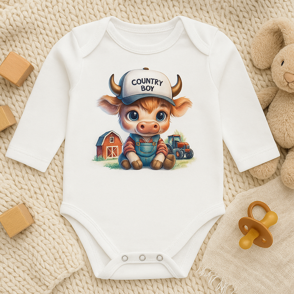 Cozy Cowboy Print Baby Long Sleeve Onesie Farm Theme