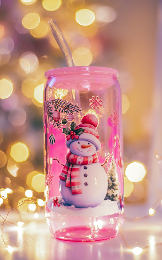 Christmas pink glass can