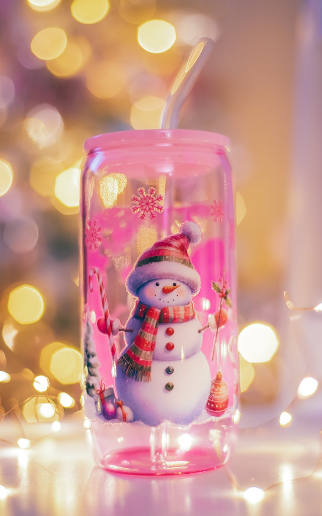 Christmas pink glass can