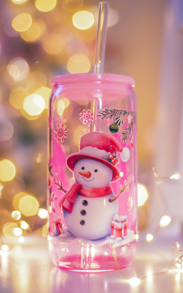 Christmas pink glass can