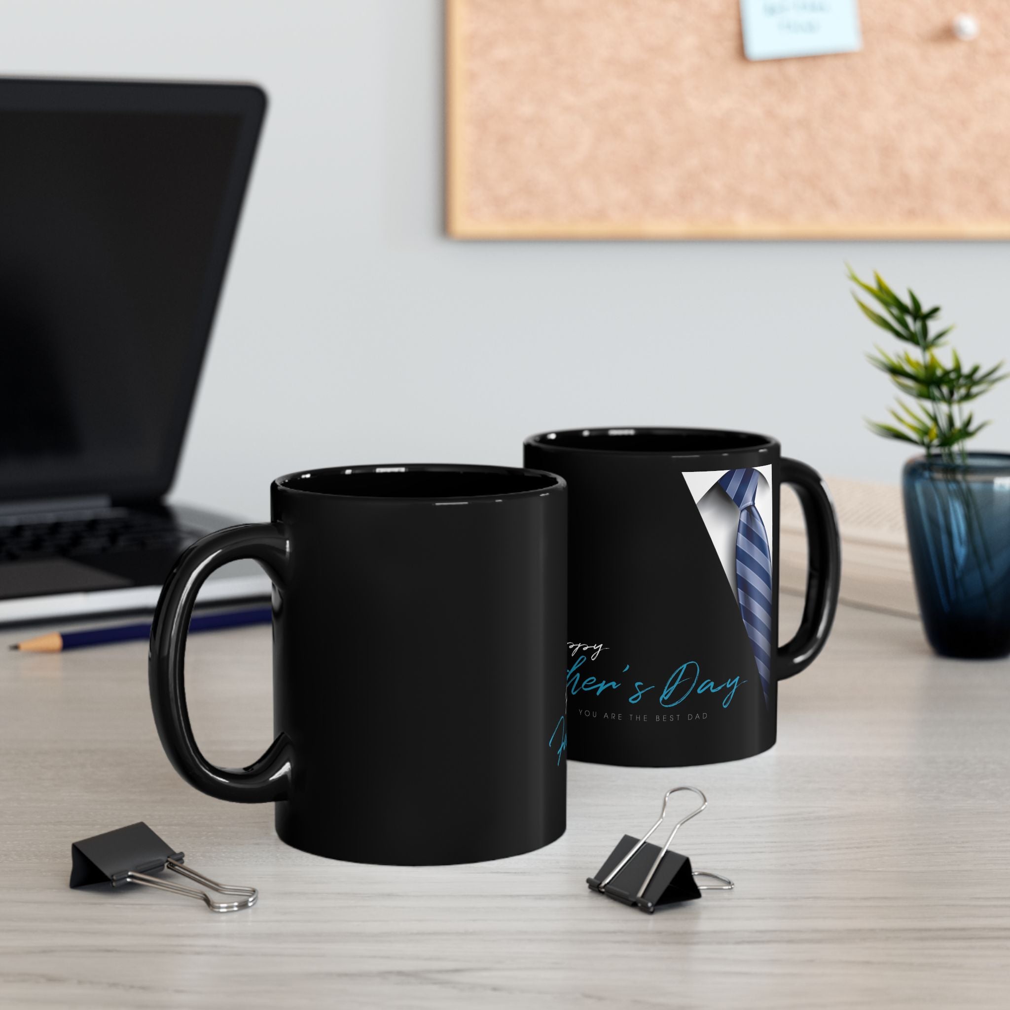 Black magic mug revealing printed design when heated, a great Father’s Day surprise.