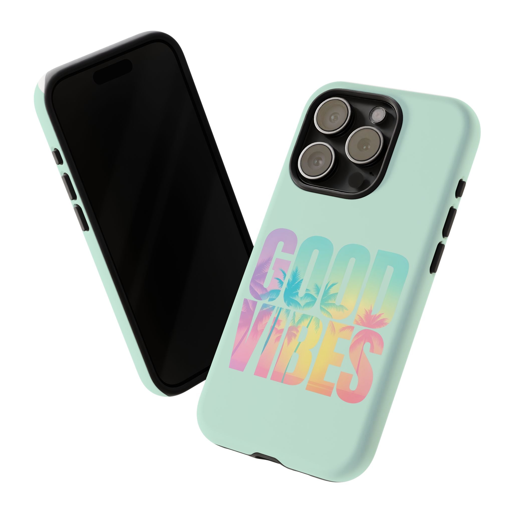 Letras “Good Vibes” con fondo tropical en funda color menta