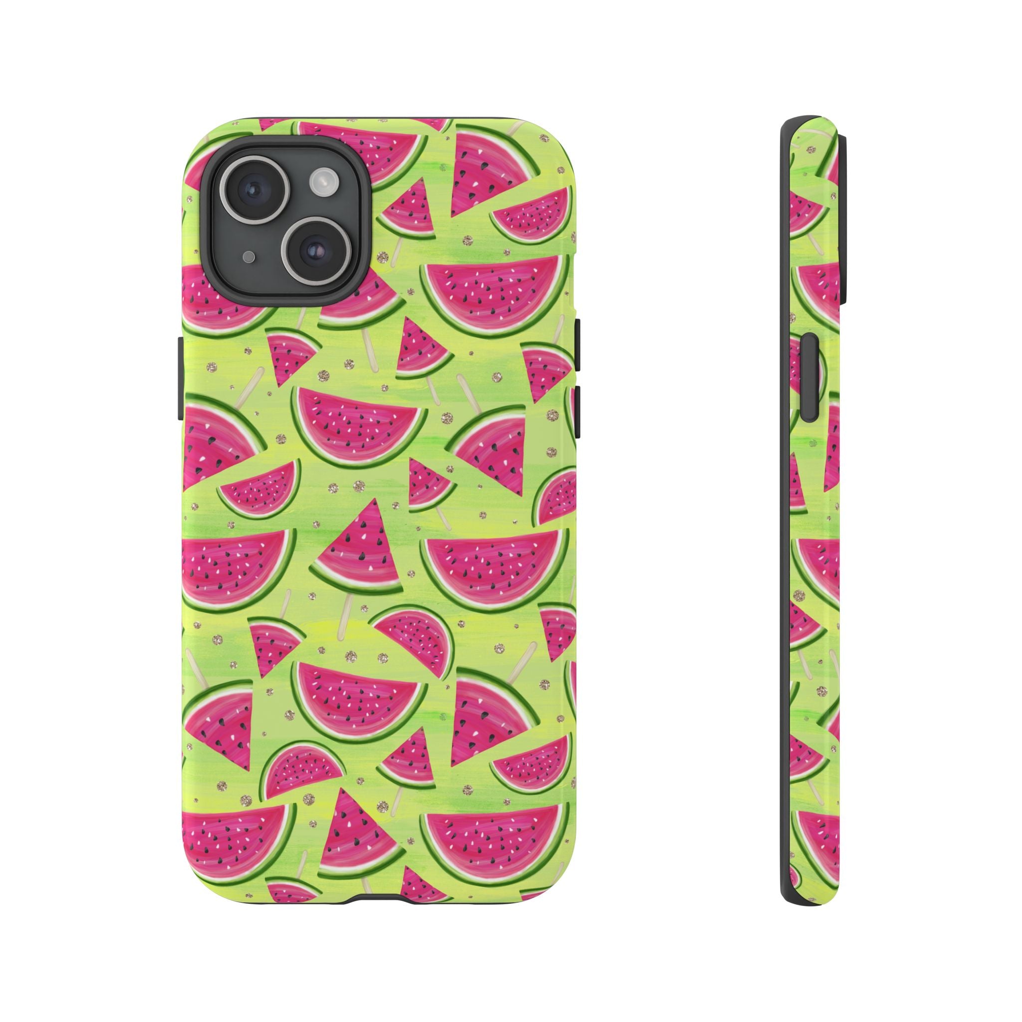 Close-up of juicy watermelon slices on a neon green background with glossy texture