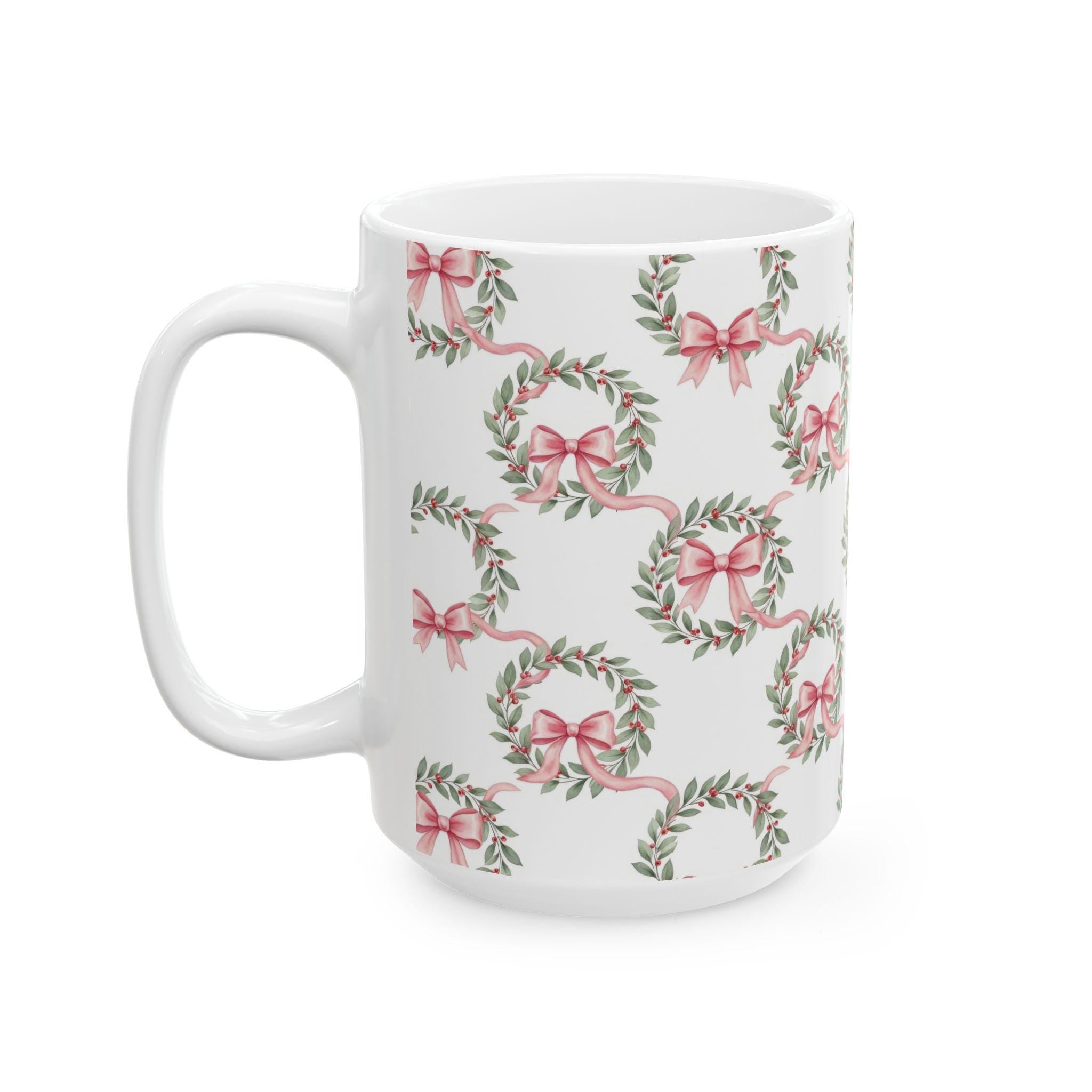 Pink Ribbon Laurel Wreath Mug | Floral Holiday Ceramic Mug