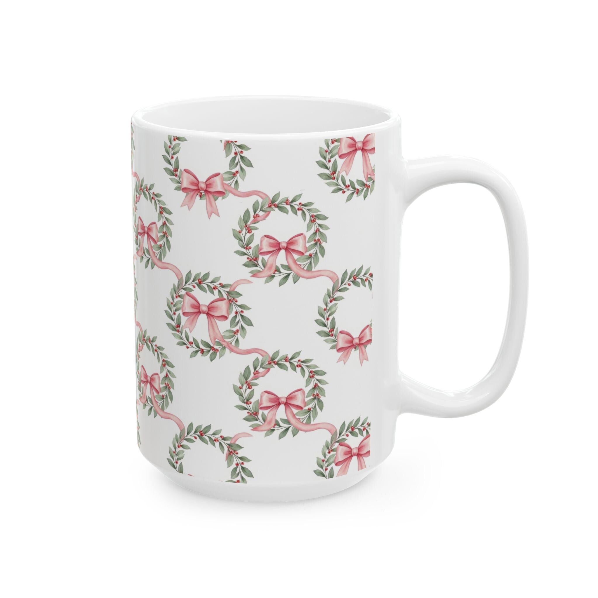Pink Ribbon Laurel Wreath Mug | Floral Holiday Ceramic Mug