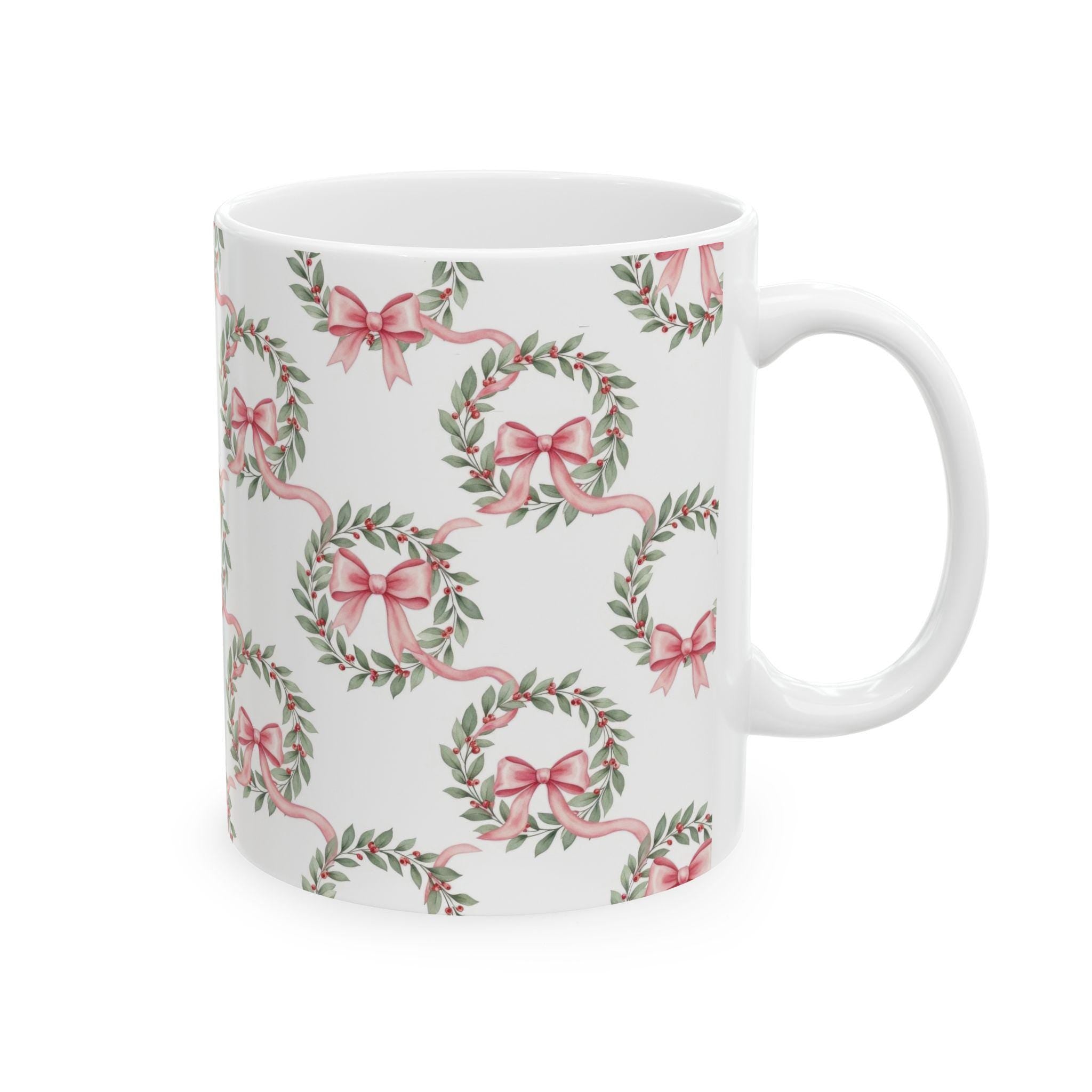 Pink Ribbon Laurel Wreath Mug | Floral Holiday Ceramic Mug