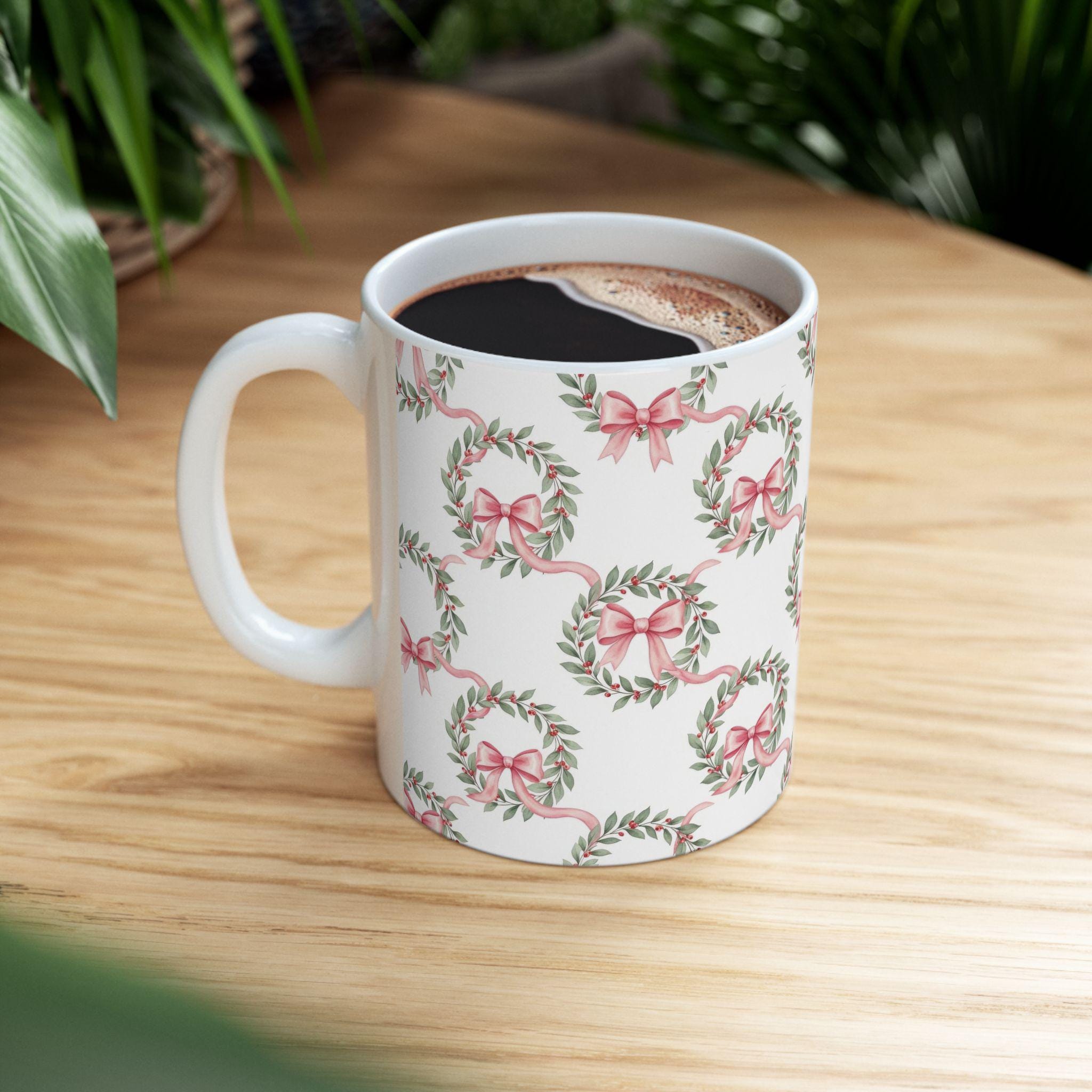 Pink Ribbon Laurel Wreath Mug | Floral Holiday Ceramic Mug